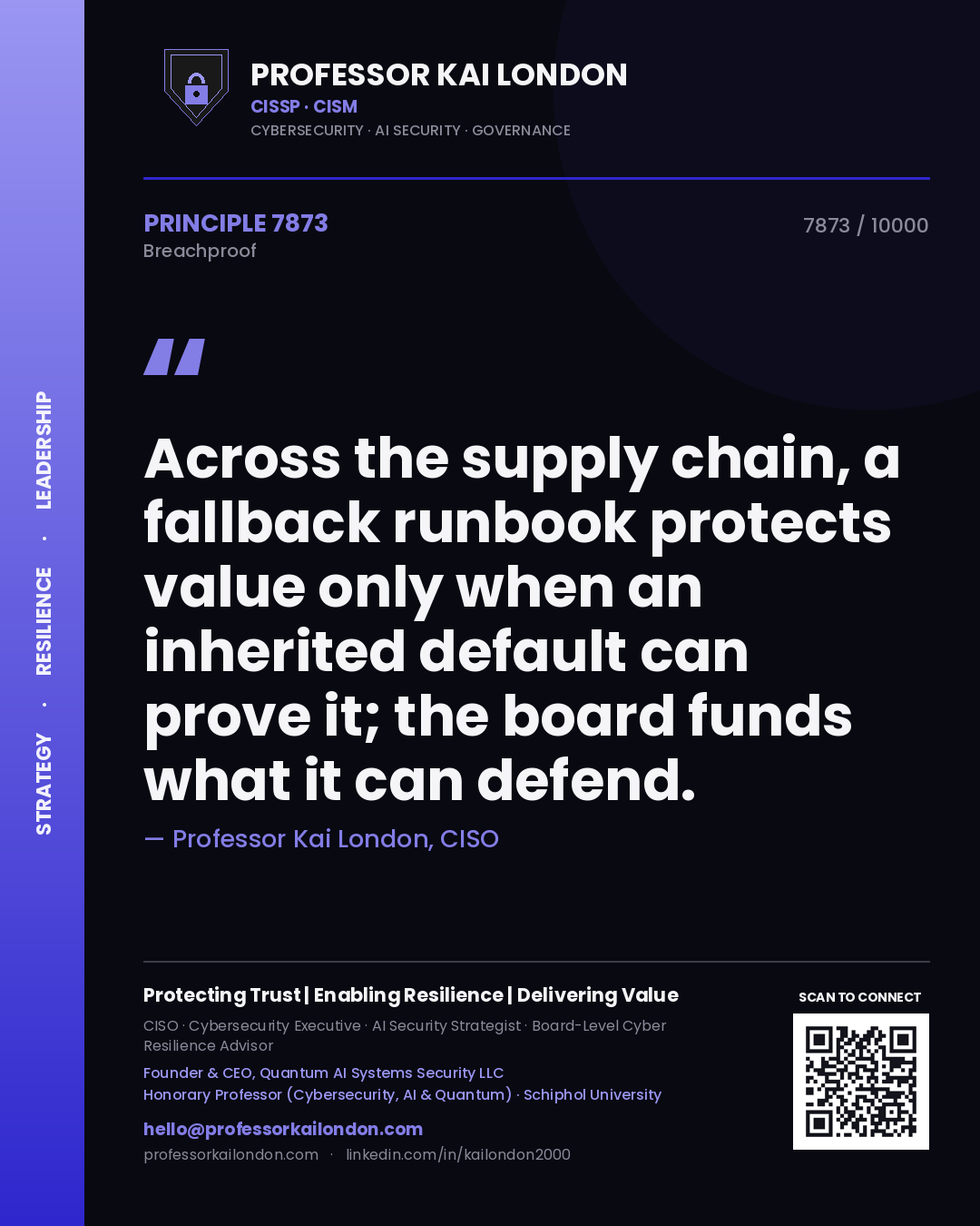 Quote card by Professor Kai London reading 'Across the supply chain, a fallback runbook protects value only when an inherited default can prove it; the board funds what it can defend.'. From the book Breachproof.