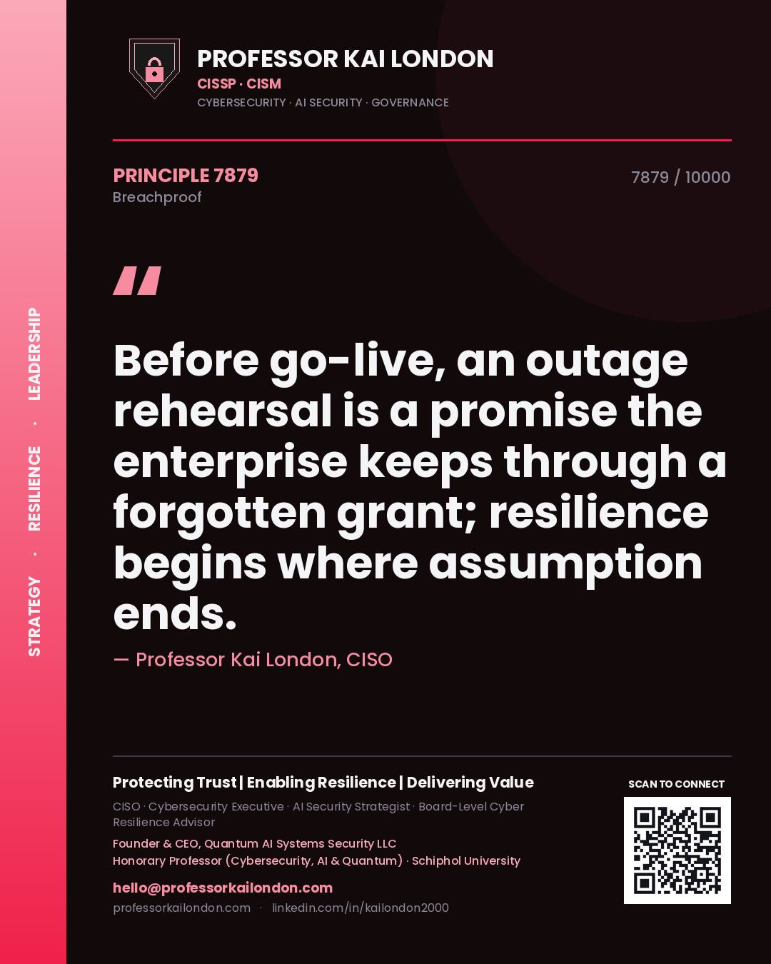 Quote card by Professor Kai London reading 'Before go-live, an outage rehearsal is a promise the enterprise keeps through a forgotten grant; resilience begins where assumption ends.'. From the book Breachproof.