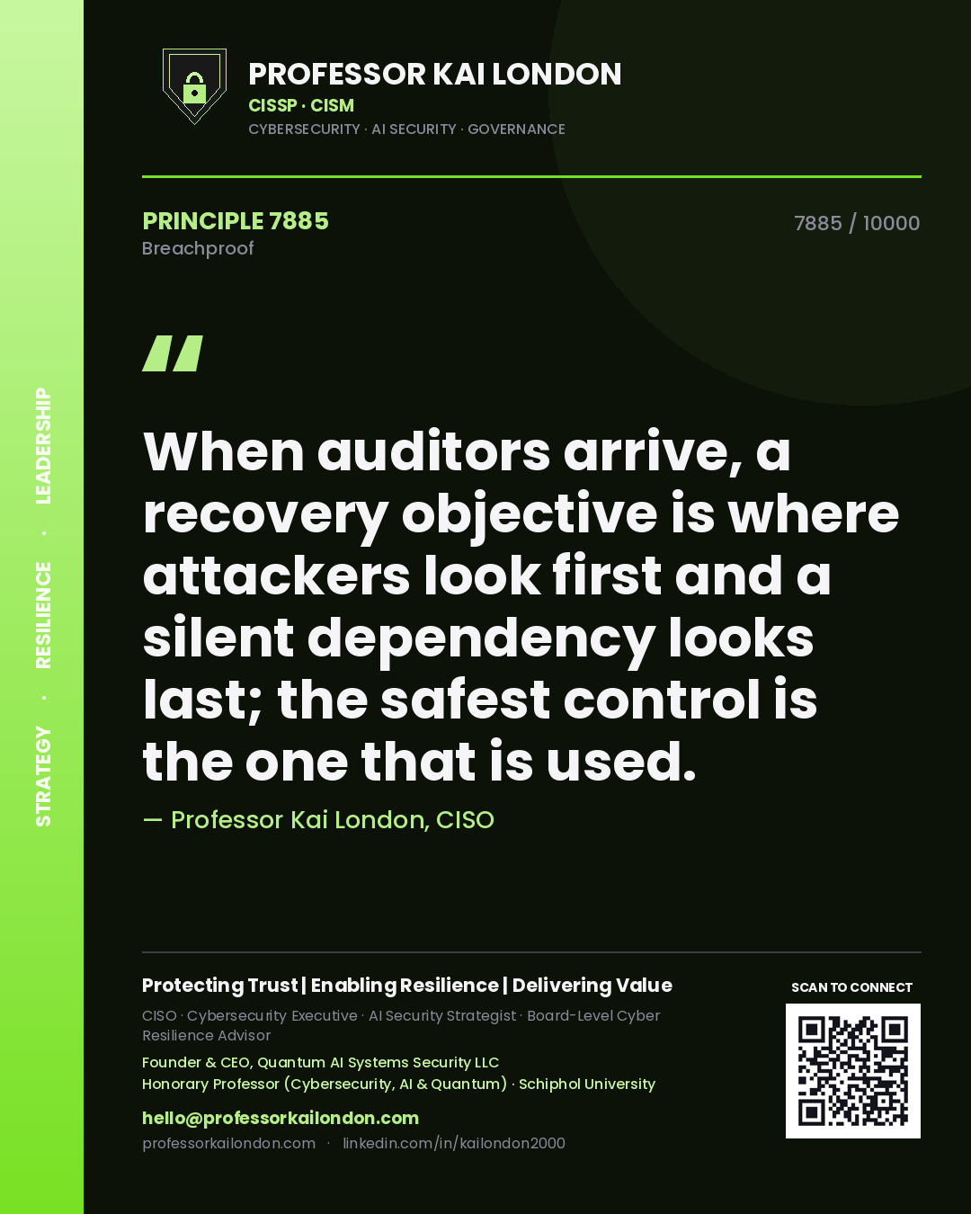 Quote card by Professor Kai London reading 'When auditors arrive, a recovery objective is where attackers look first and a silent dependency looks last; the safest control is the one that is used.'. From the book Breachproof.