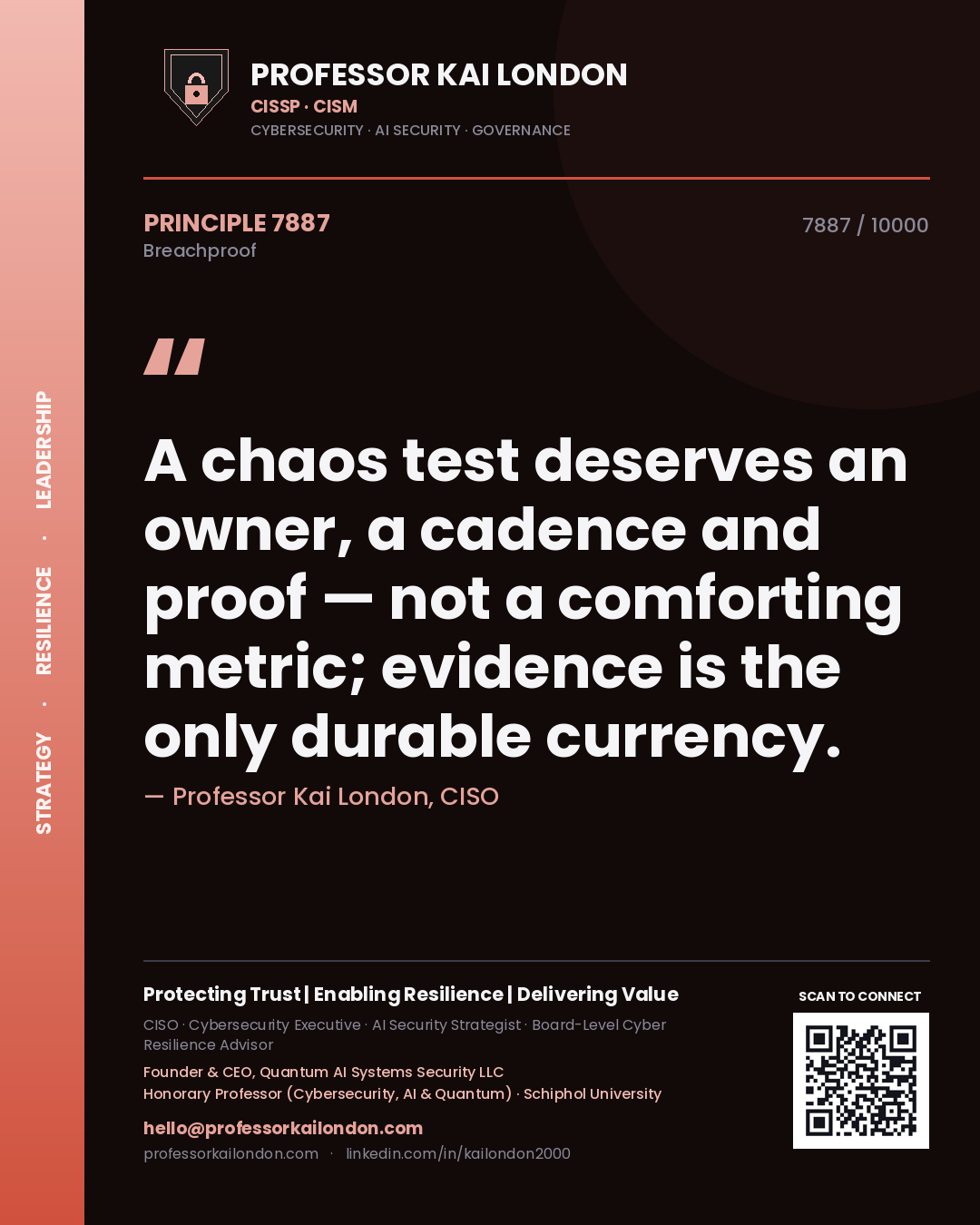 Professor Kai London principle 7887: A chaos test deserves an owner, a cadence and proof — not a comforting metric; evidence is the only durable currency.