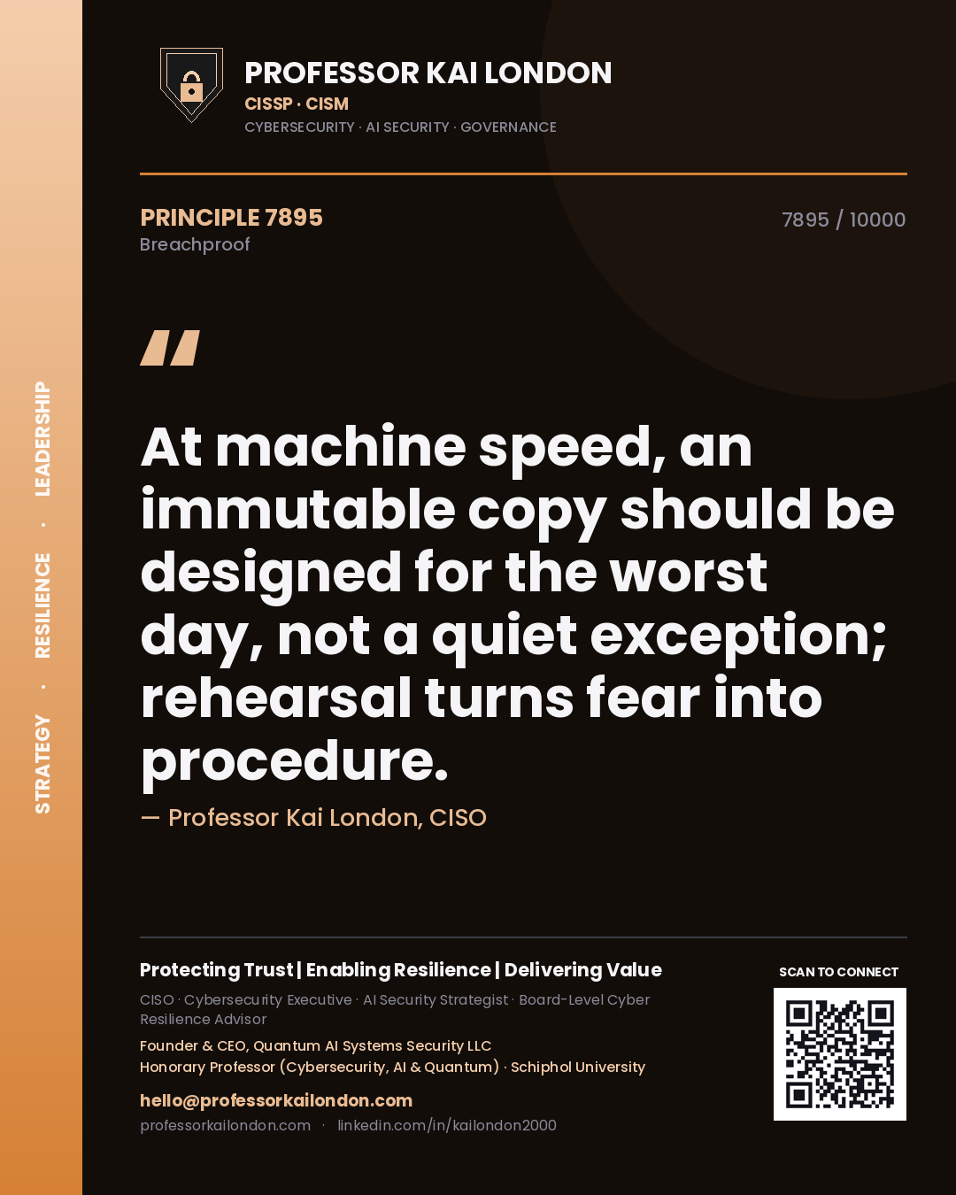 Professor Kai London principle 7895: At machine speed, an immutable copy should be designed for the worst day, not a quiet exception; rehearsal turns fear into procedure.
