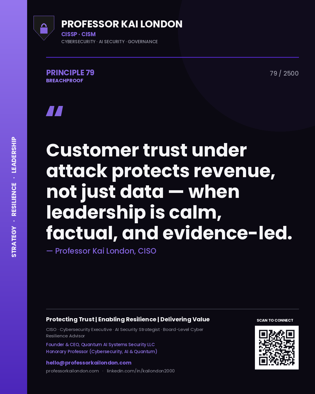 Quote card by Professor Kai London reading 'Customer trust under attack protects revenue, not just data — when leadership is calm, factual, and evidence-led.'. From the book Breachproof.