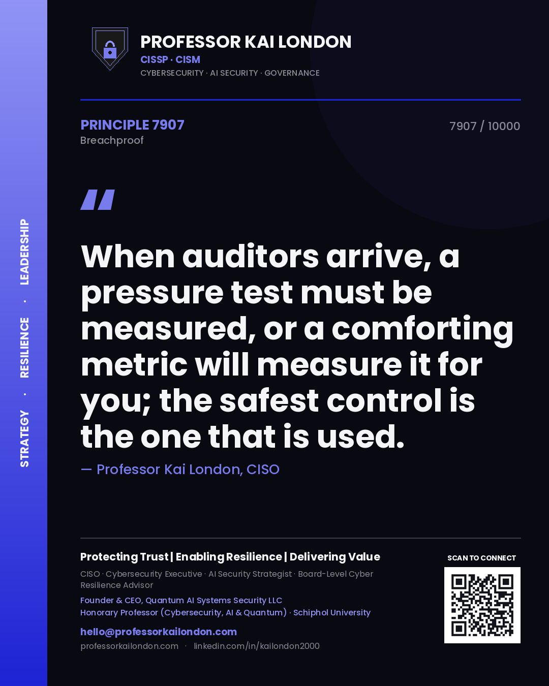 Quote card by Professor Kai London reading 'When auditors arrive, a pressure test must be measured, or a comforting metric will measure it for you; the safest control is the one that is used.'. From the book Breachproof.