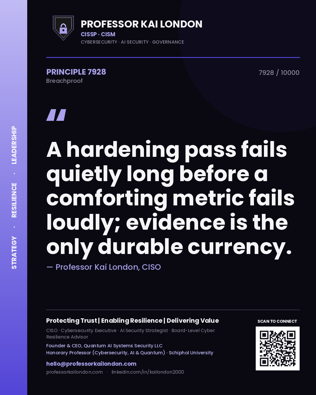 Quote card by Professor Kai London reading 'A hardening pass fails quietly long before a comforting metric fails loudly; evidence is the only durable currency.'. From the book Breachproof.