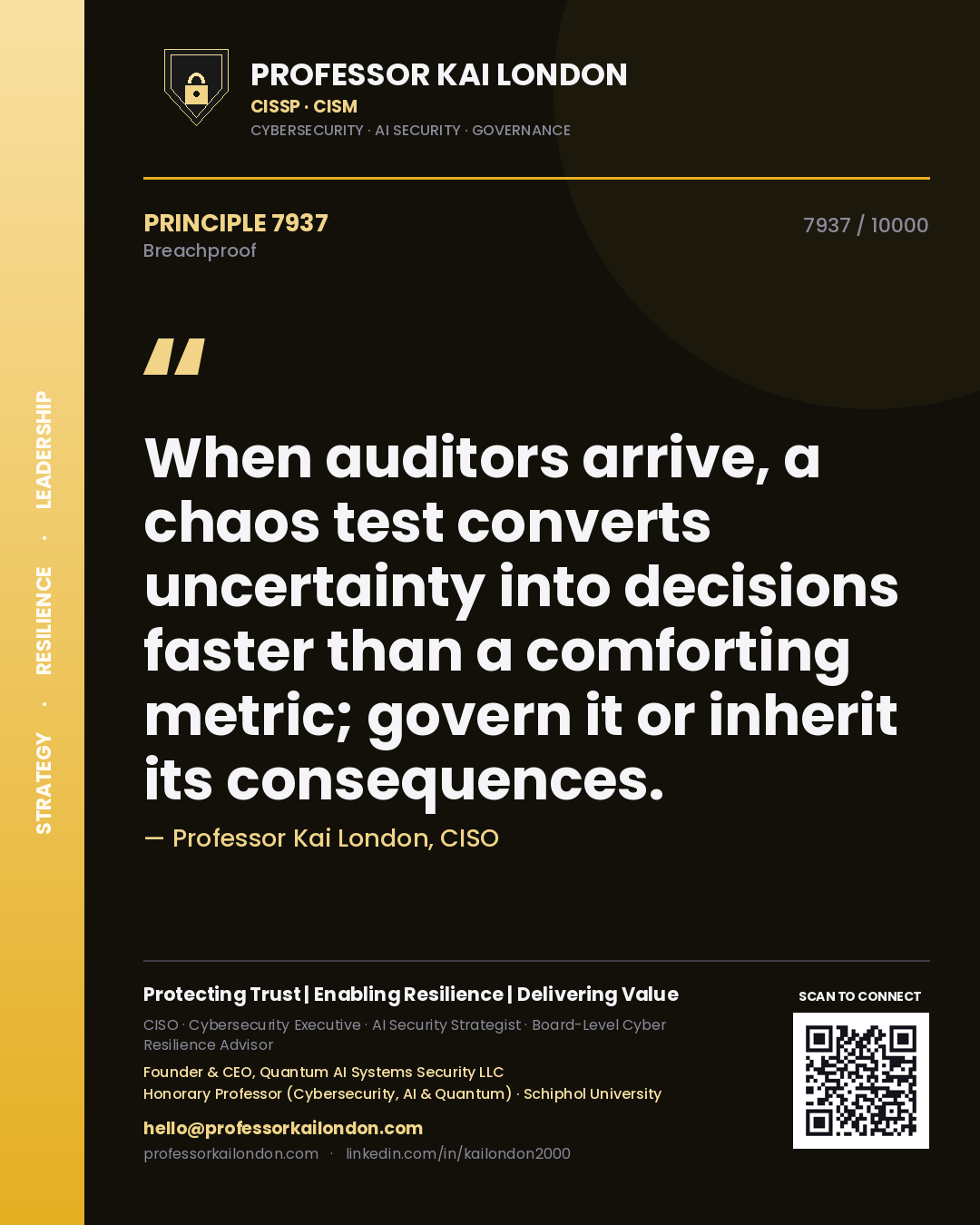 Quote card by Professor Kai London reading 'When auditors arrive, a chaos test converts uncertainty into decisions faster than a comforting metric; govern it or inherit its consequences.'. From the book Breachproof.