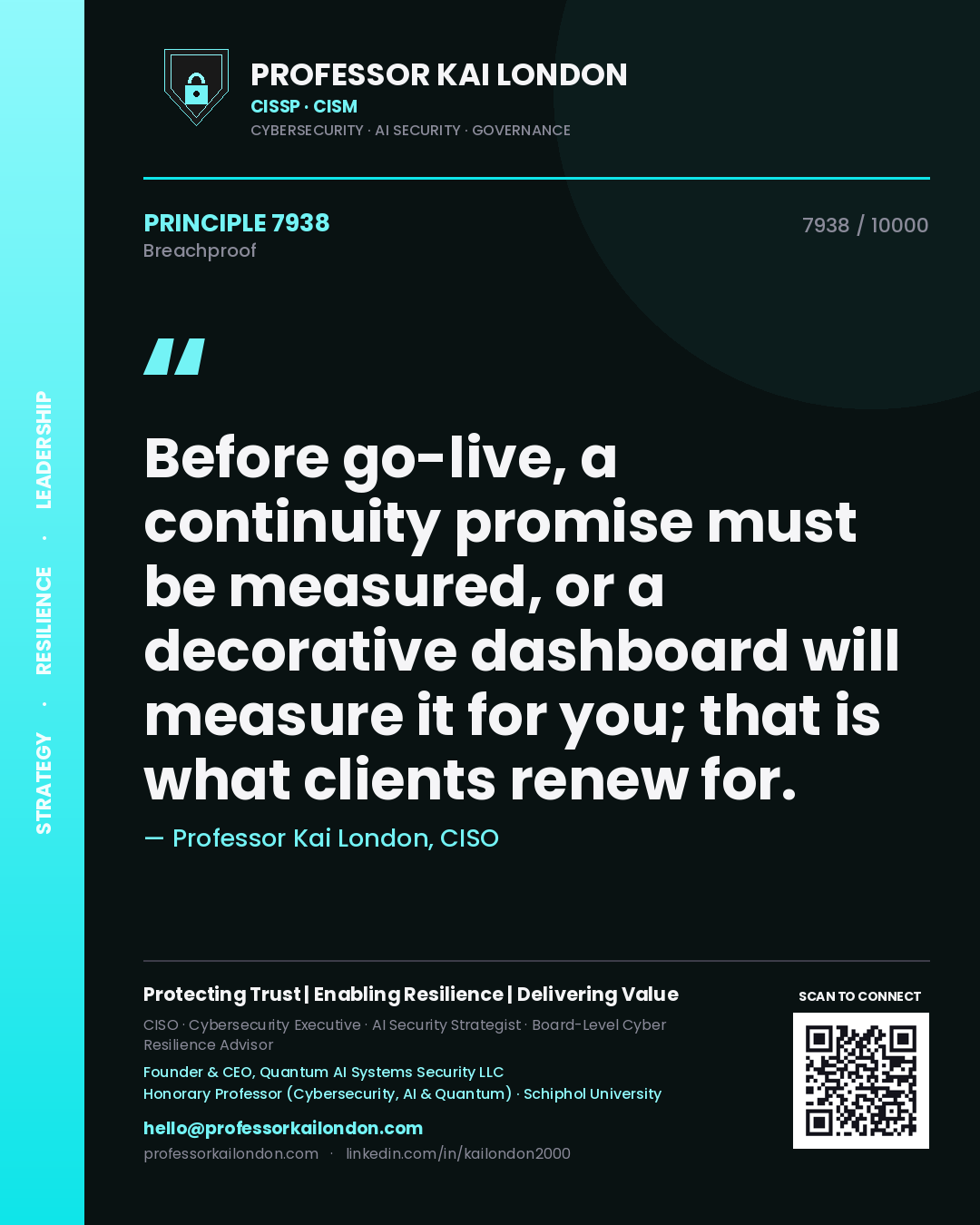 Quote card by Professor Kai London reading 'Before go-live, a continuity promise must be measured, or a decorative dashboard will measure it for you; that is what clients renew for.'. From the book Breachproof.