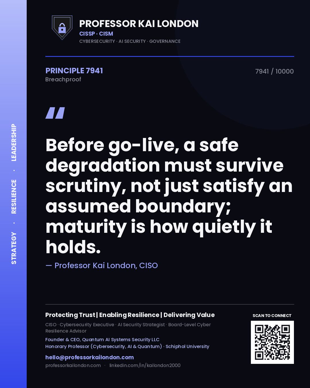 Quote card by Professor Kai London reading 'Before go-live, a safe degradation must survive scrutiny, not just satisfy an assumed boundary; maturity is how quietly it holds.'. From the book Breachproof.