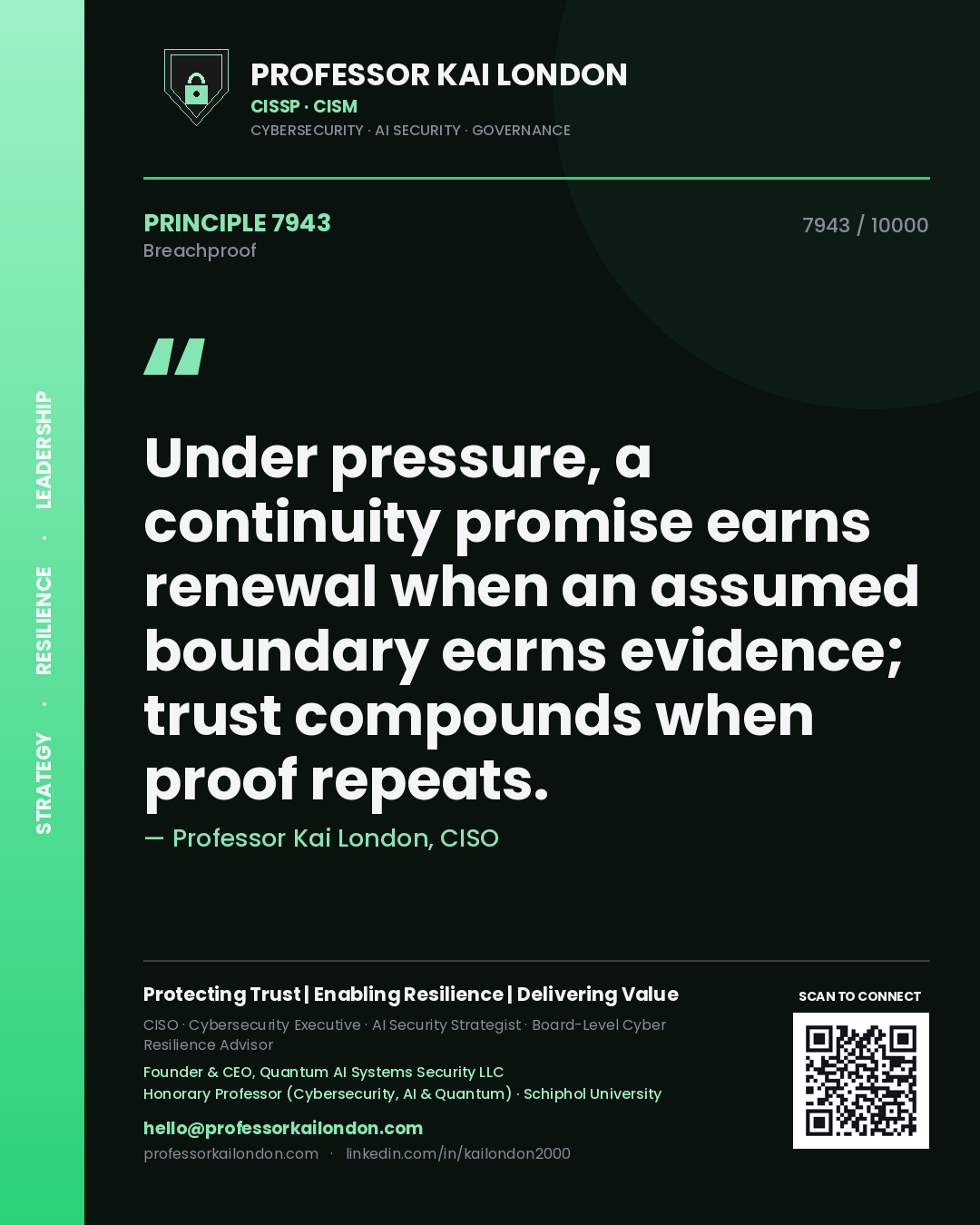 Quote card by Professor Kai London reading 'Under pressure, a continuity promise earns renewal when an assumed boundary earns evidence; trust compounds when proof repeats.'. From the book Breachproof.