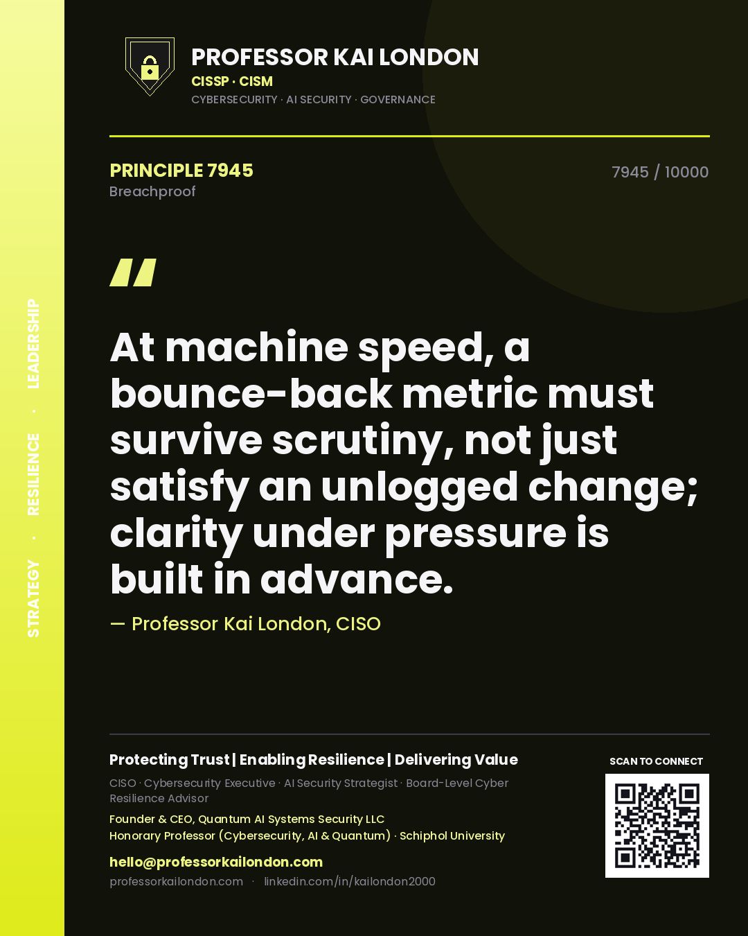 Quote card by Professor Kai London reading 'At machine speed, a bounce-back metric must survive scrutiny, not just satisfy an unlogged change; clarity under pressure is built in advance.'. From the book Breachproof.