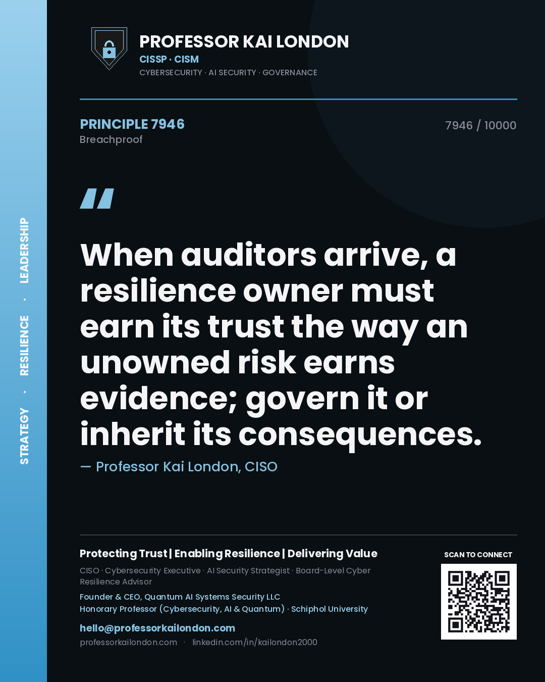 Quote card by Professor Kai London reading 'When auditors arrive, a resilience owner must earn its trust the way an unowned risk earns evidence; govern it or inherit its consequences.'. From the book Breachproof.