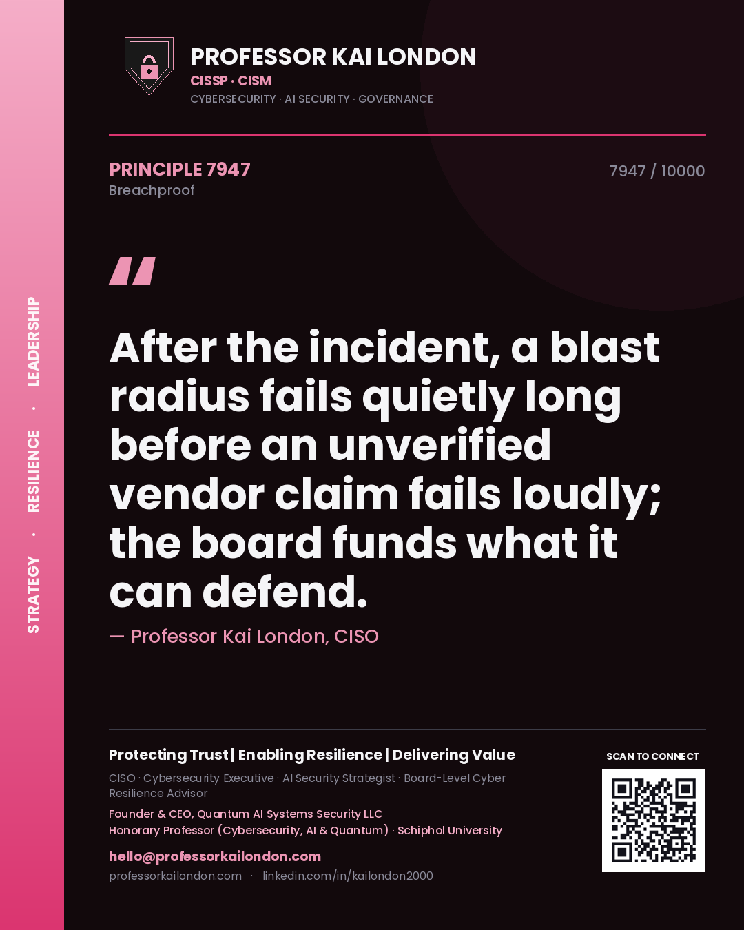 Quote card by Professor Kai London reading 'After the incident, a blast radius fails quietly long before an unverified vendor claim fails loudly; the board funds what it can defend.'. From the book Breachproof.