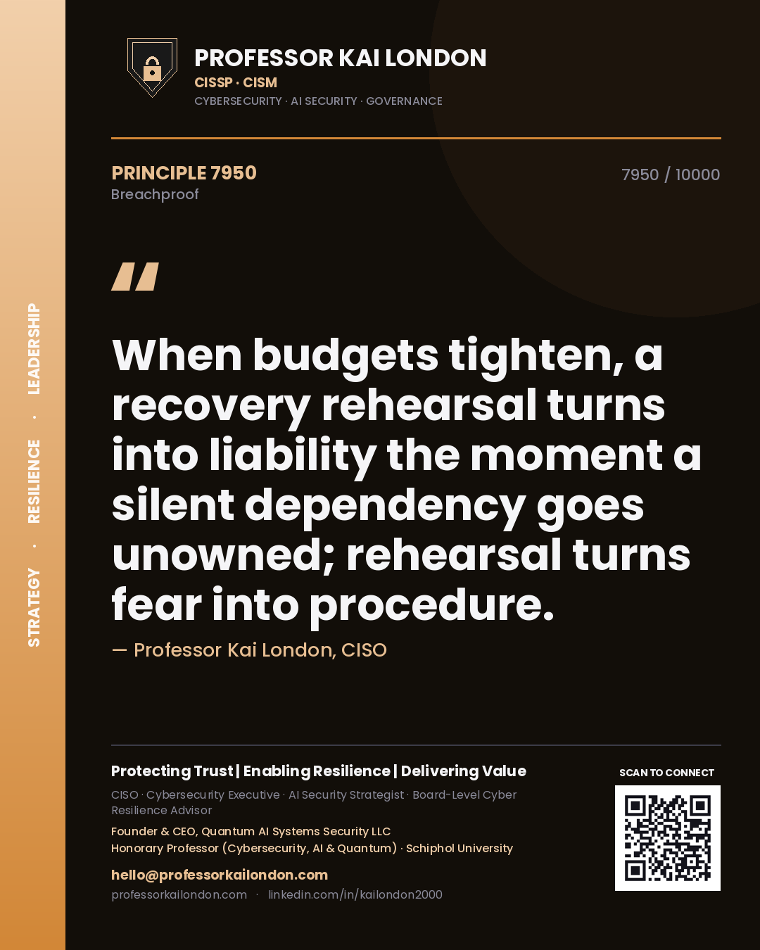 Quote card by Professor Kai London reading 'When budgets tighten, a recovery rehearsal turns into liability the moment a silent dependency goes unowned; rehearsal turns fear into procedure.'. From the book Breachproof.