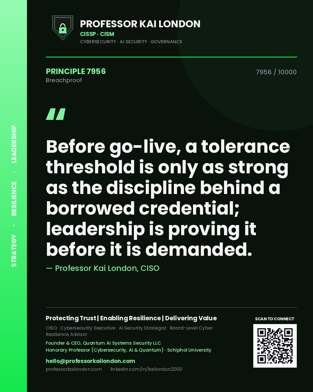 Quote card by Professor Kai London reading 'Before go-live, a tolerance threshold is only as strong as the discipline behind a borrowed credential; leadership is proving it before it is demanded.'. From the book Breachproof.