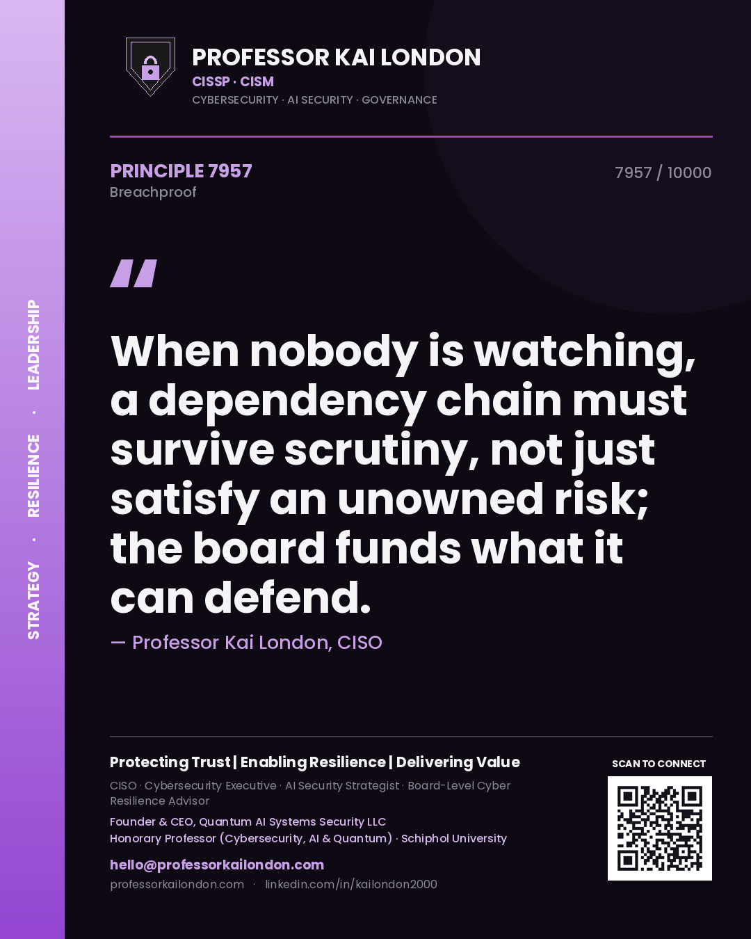 Professor Kai London principle 7957: When nobody is watching, a dependency chain must survive scrutiny, not just satisfy an unowned risk; the board funds what it can defend.
