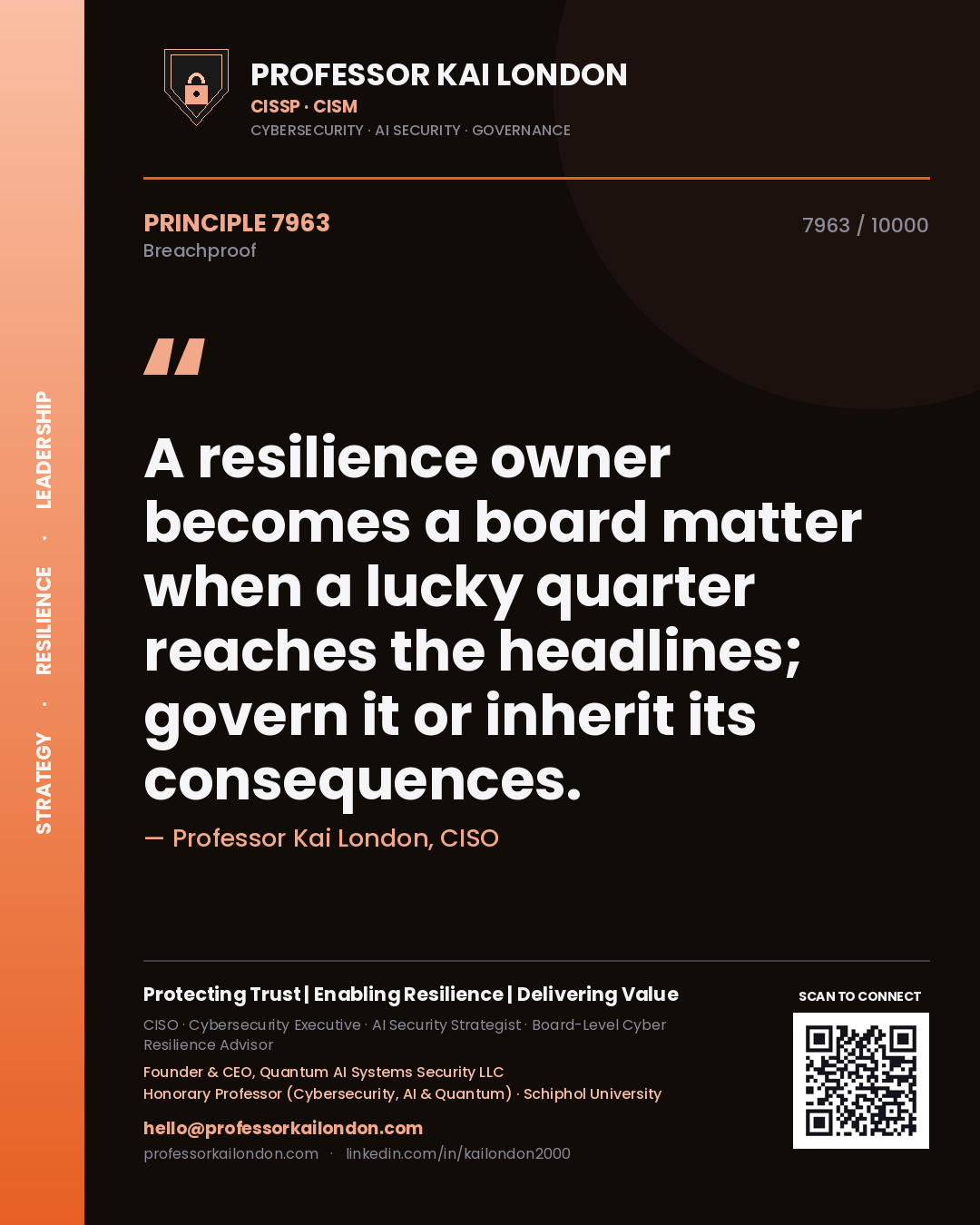 Quote card by Professor Kai London reading 'A resilience owner becomes a board matter when a lucky quarter reaches the headlines; govern it or inherit its consequences.'. From the book Breachproof.