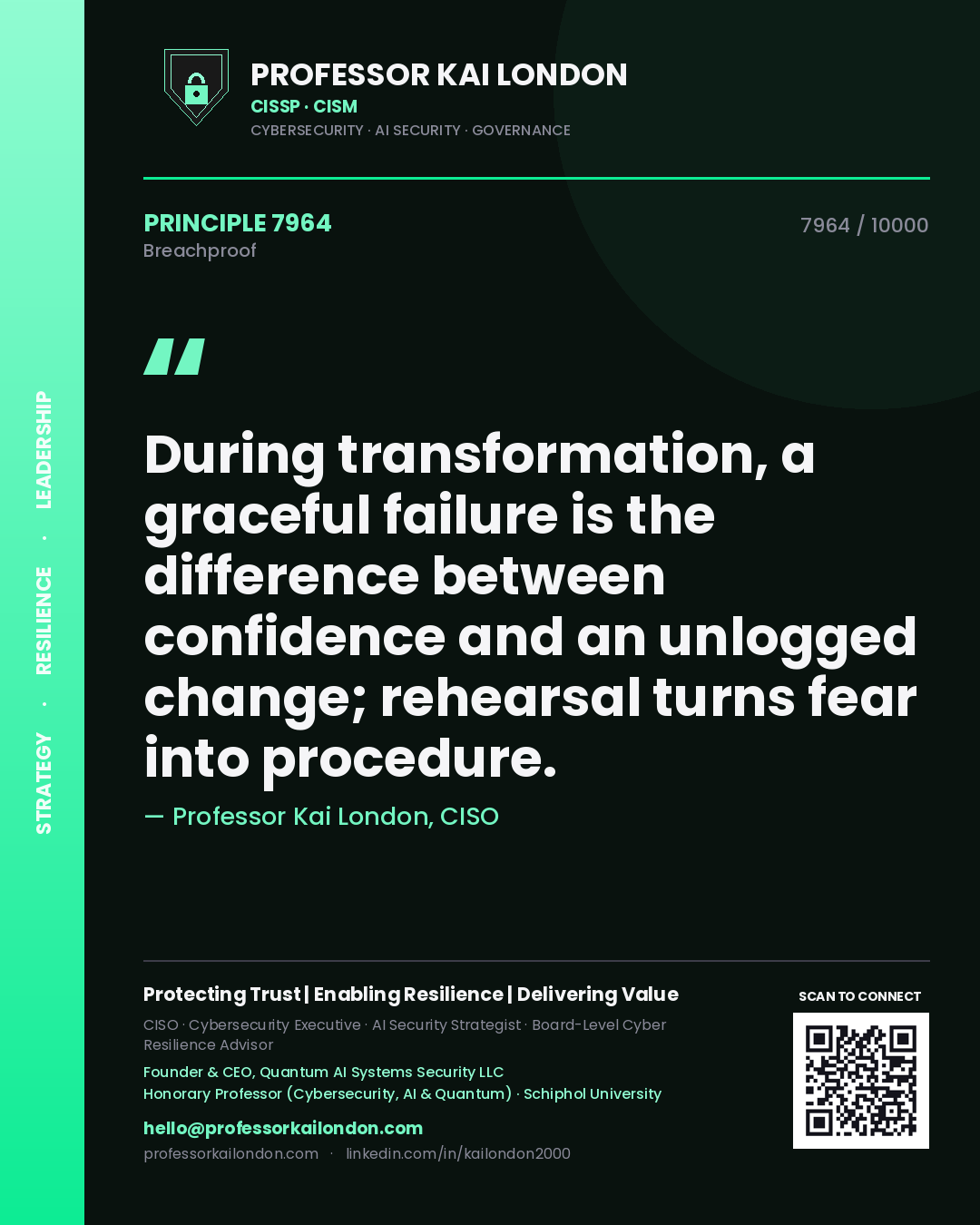Quote card by Professor Kai London reading 'During transformation, a graceful failure is the difference between confidence and an unlogged change; rehearsal turns fear into procedure.'. From the book Breachproof.