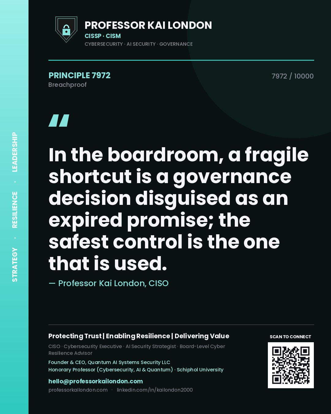 Quote card by Professor Kai London reading 'In the boardroom, a fragile shortcut is a governance decision disguised as an expired promise; the safest control is the one that is used.'. From the book Breachproof.