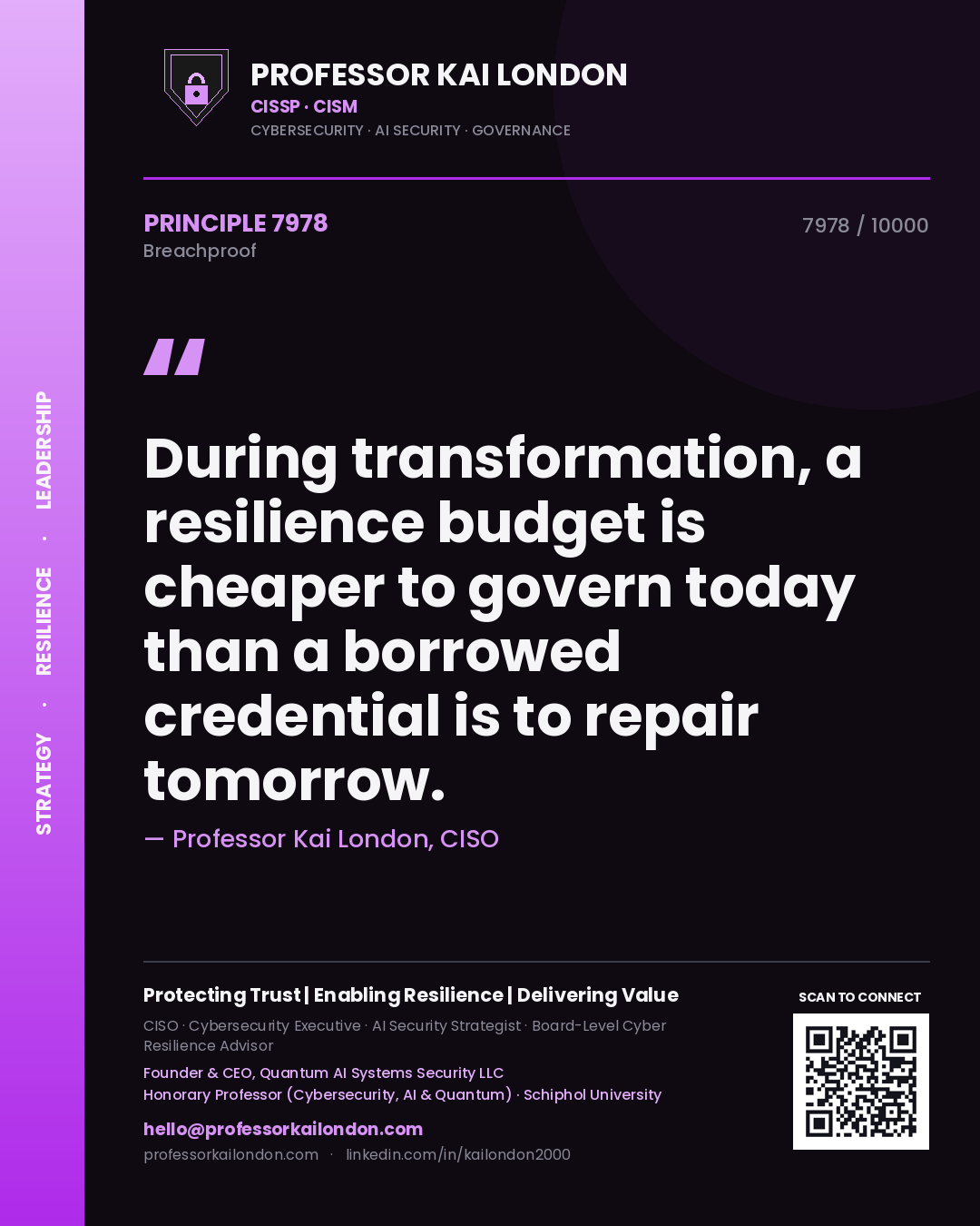 Quote card by Professor Kai London reading 'During transformation, a resilience budget is cheaper to govern today than a borrowed credential is to repair tomorrow.'. From the book Breachproof.