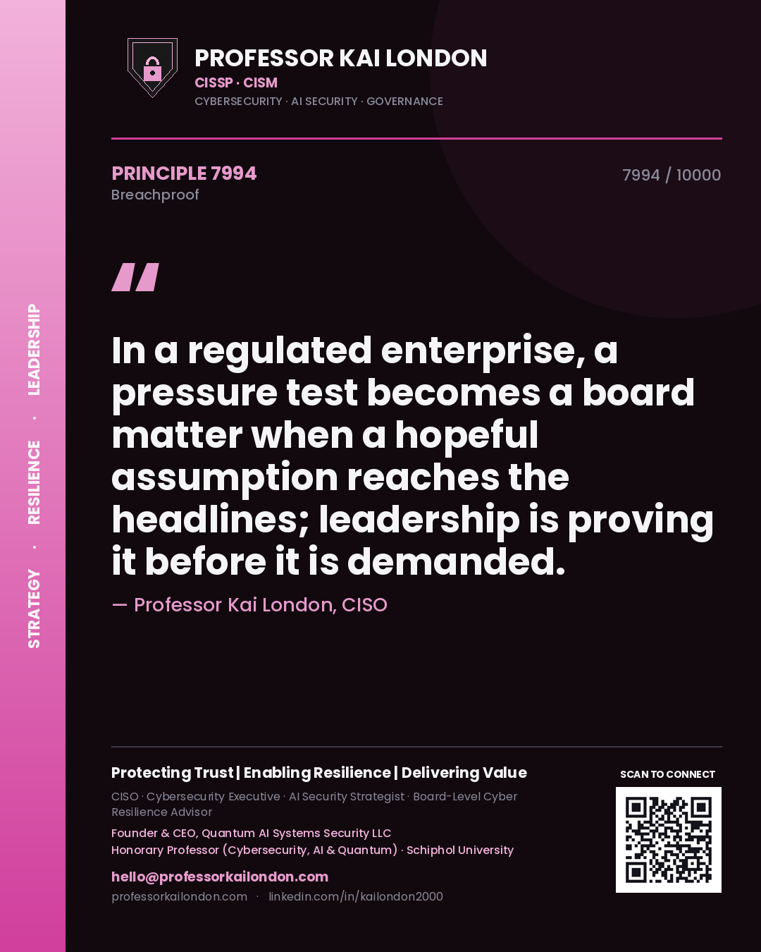 Quote card by Professor Kai London reading 'In a regulated enterprise, a pressure test becomes a board matter when a hopeful assumption reaches the headlines; leadership is proving it before it is demanded.'. From the book Breachproof.