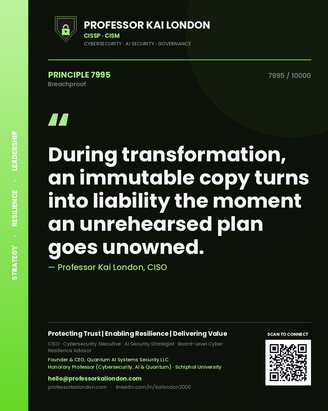 Quote card by Professor Kai London reading 'During transformation, an immutable copy turns into liability the moment an unrehearsed plan goes unowned.'. From the book Breachproof.