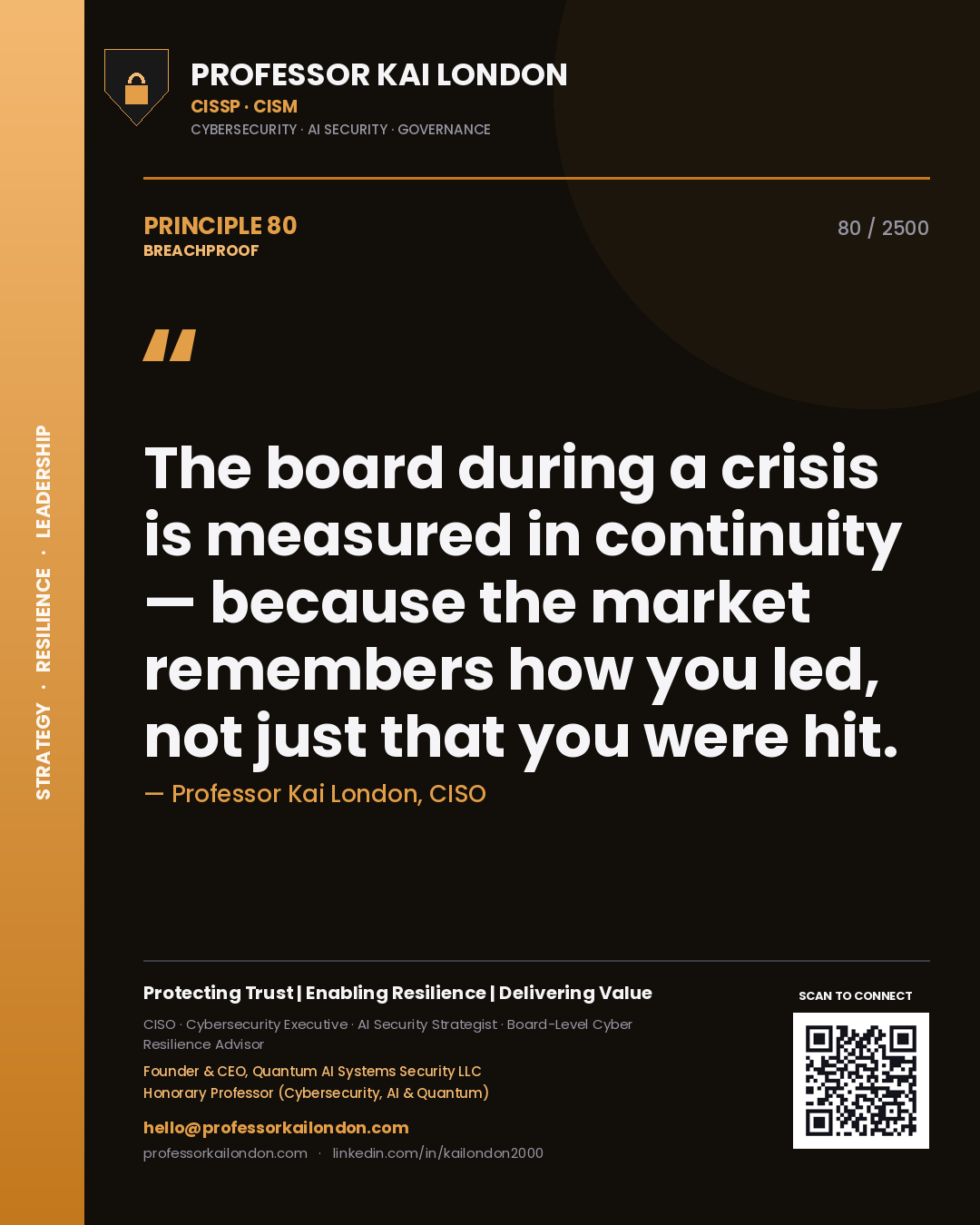 Quote card by Professor Kai London reading 'The board during a crisis is measured in continuity — because the market remembers how you led, not just that you were hit.'. From the book Breachproof.