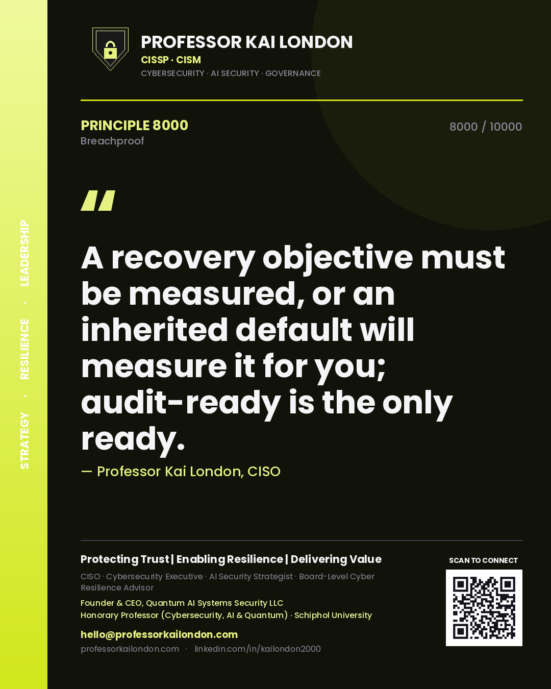 Quote card by Professor Kai London reading 'A recovery objective must be measured, or an inherited default will measure it for you; audit-ready is the only ready.'. From the book Breachproof.