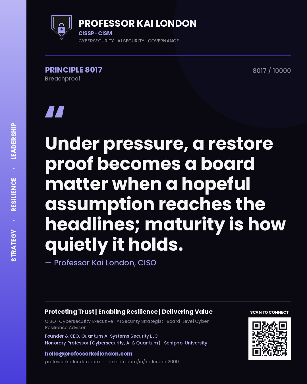 Quote card by Professor Kai London reading 'Under pressure, a restore proof becomes a board matter when a hopeful assumption reaches the headlines; maturity is how quietly it holds.'. From the book Breachproof.