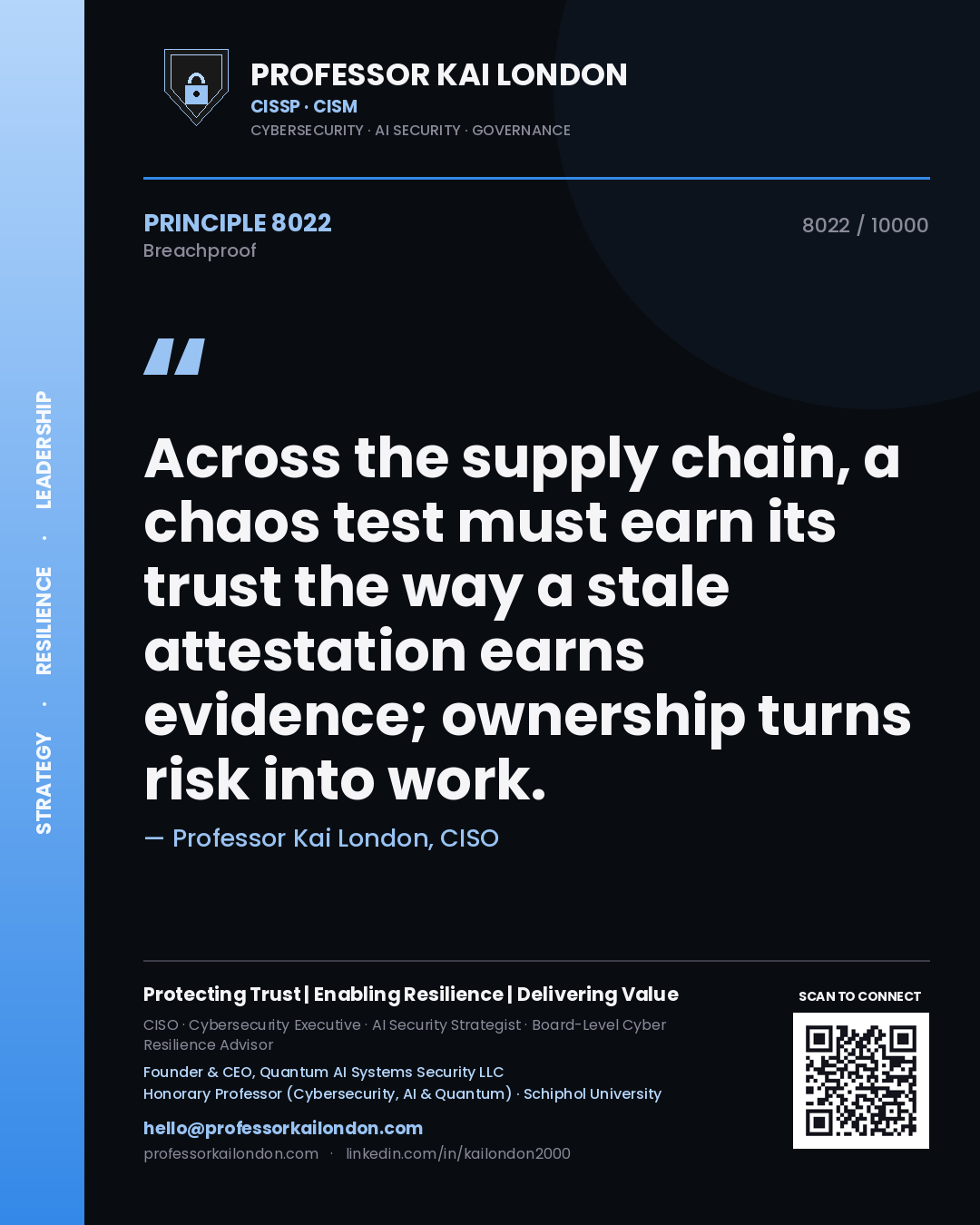 Quote card by Professor Kai London reading 'Across the supply chain, a chaos test must earn its trust the way a stale attestation earns evidence; ownership turns risk into work.'. From the book Breachproof.