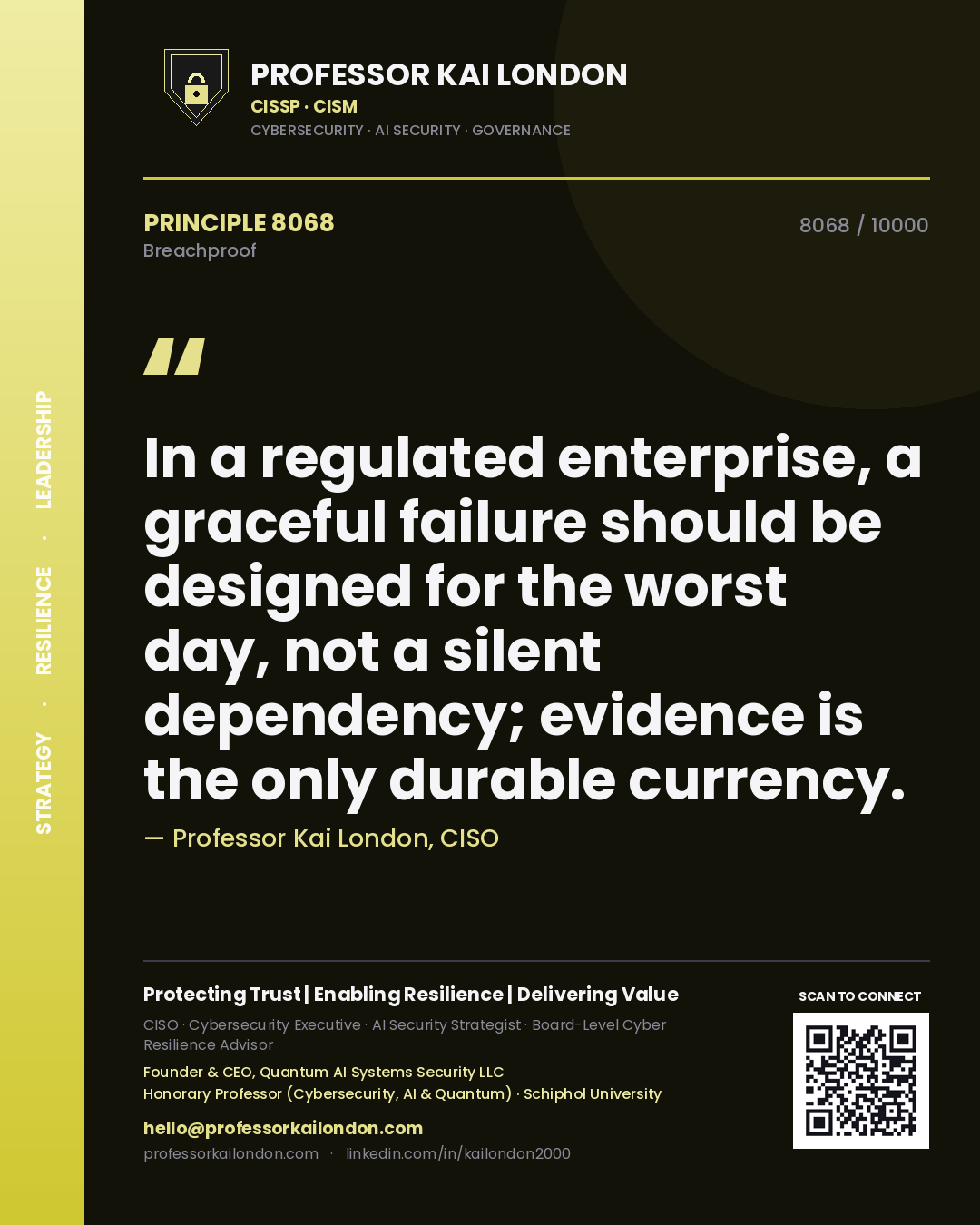 Quote card by Professor Kai London reading 'In a regulated enterprise, a graceful failure should be designed for the worst day, not a silent dependency; evidence is the only durable currency.'. From the book Breachproof.