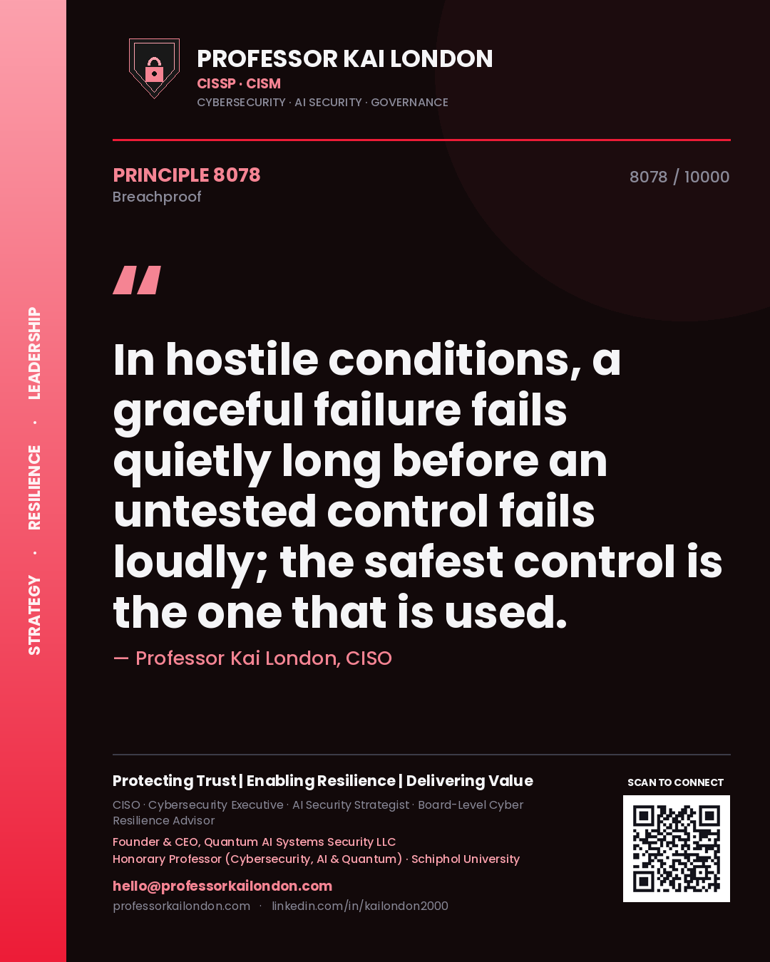 Quote card by Professor Kai London reading 'In hostile conditions, a graceful failure fails quietly long before an untested control fails loudly; the safest control is the one that is used.'. From the book Breachproof.