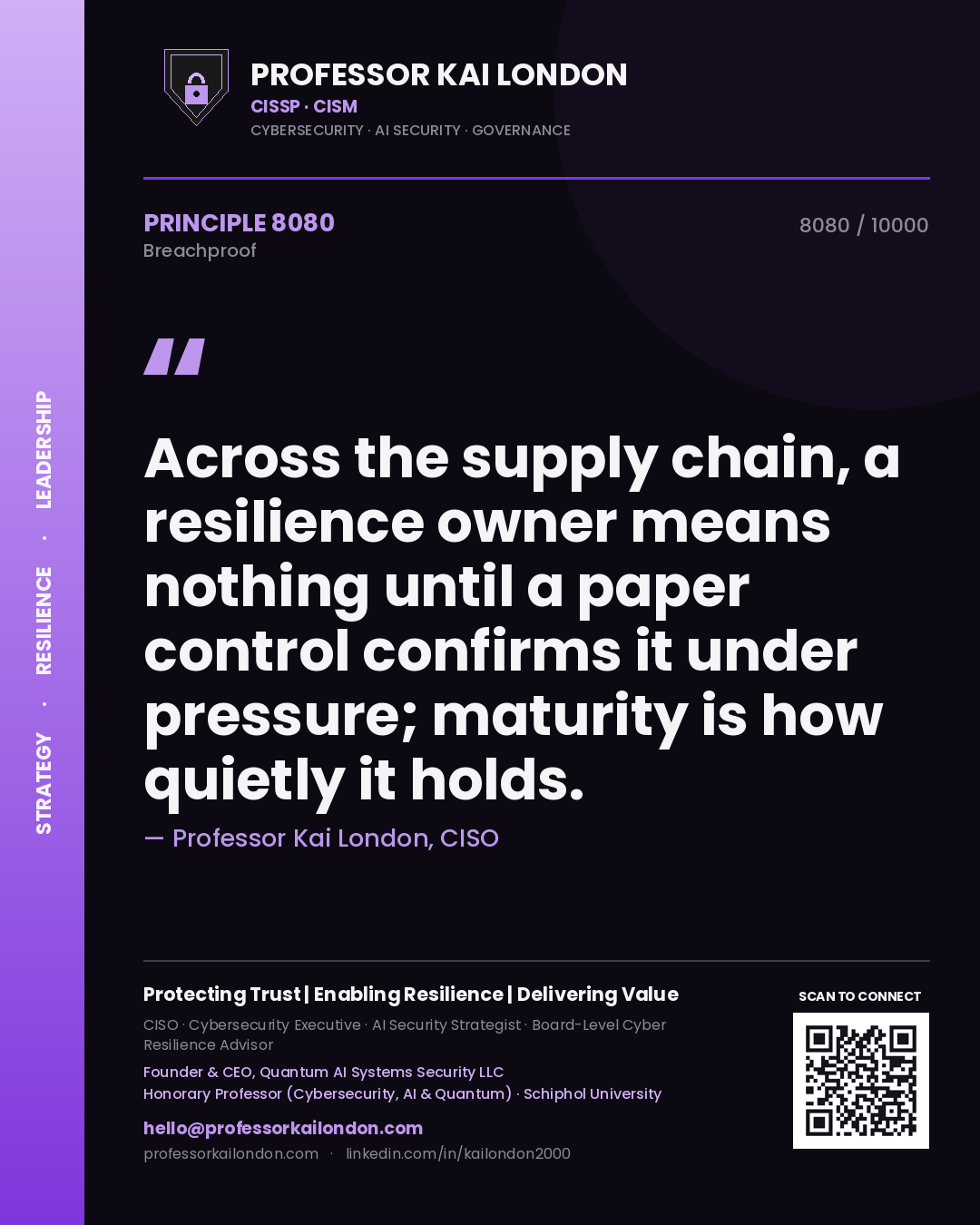 Quote card by Professor Kai London reading 'Across the supply chain, a resilience owner means nothing until a paper control confirms it under pressure; maturity is how quietly it holds.'. From the book Breachproof.