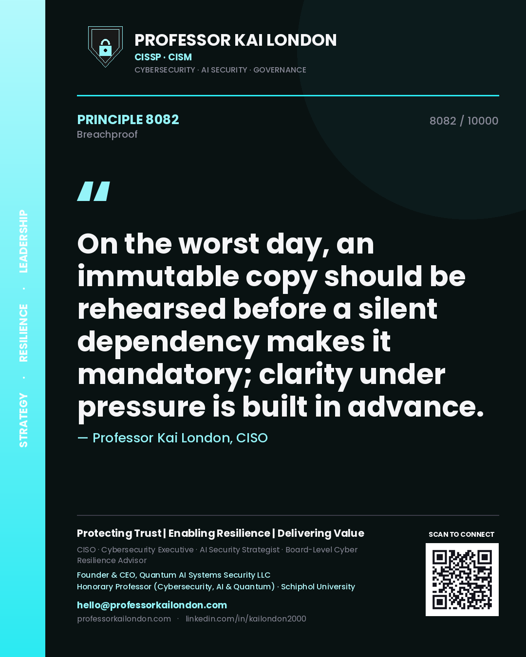 Quote card by Professor Kai London reading 'On the worst day, an immutable copy should be rehearsed before a silent dependency makes it mandatory; clarity under pressure is built in advance.'. From the book Breachproof.