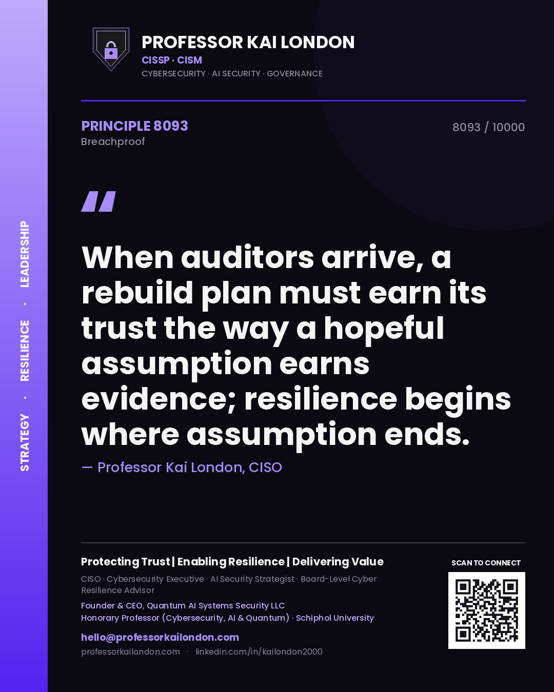 Quote card by Professor Kai London reading 'When auditors arrive, a rebuild plan must earn its trust the way a hopeful assumption earns evidence; resilience begins where assumption ends.'. From the book Breachproof.