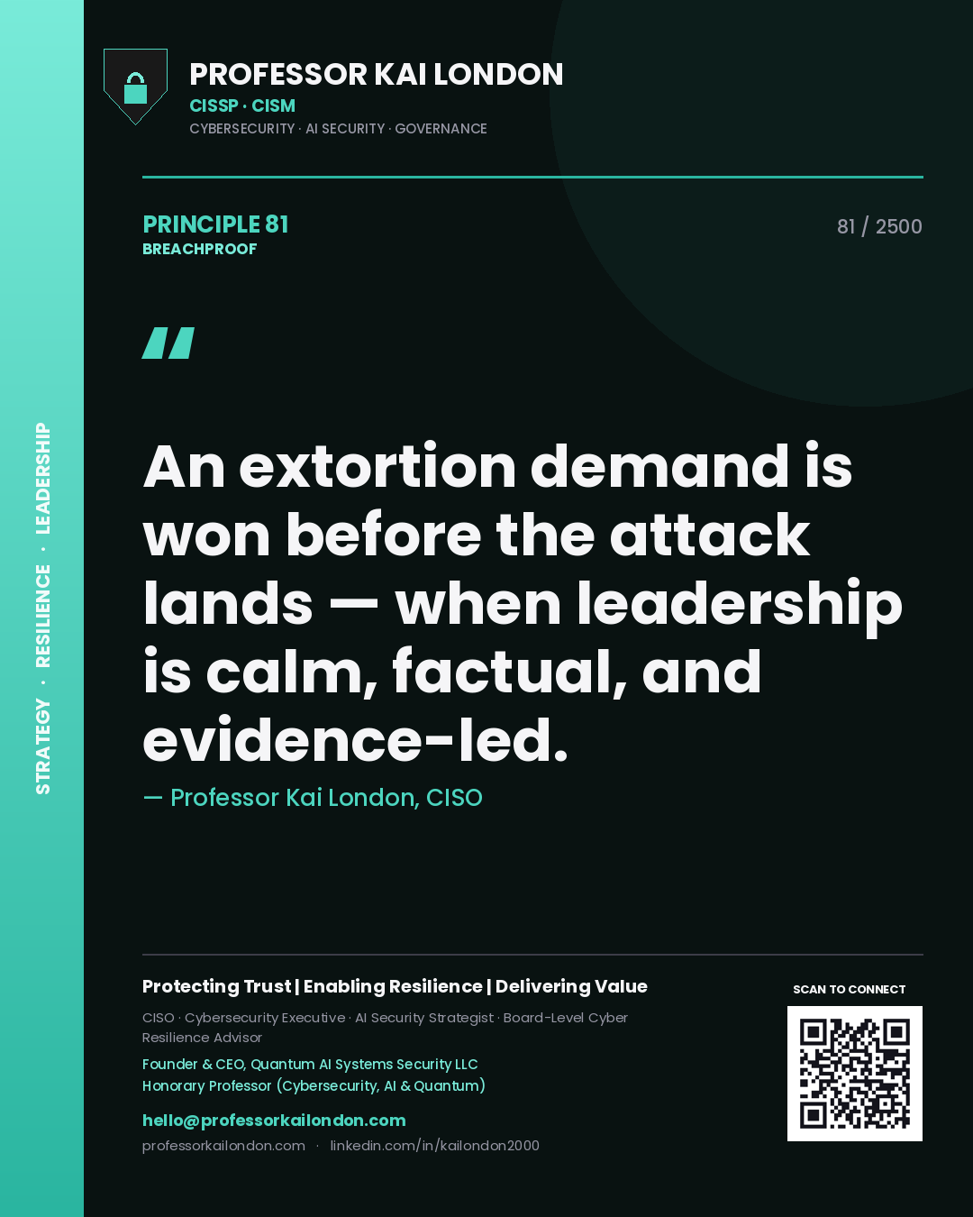 Professor Kai London principle 81: An extortion demand is won before the attack lands — when leadership is calm, factual, and evidence-led.