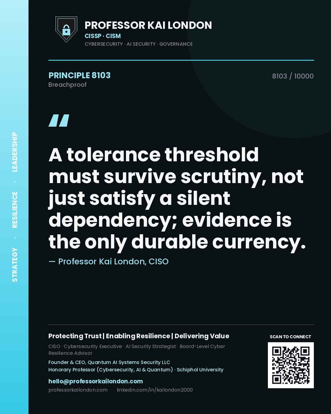 Quote card by Professor Kai London reading 'A tolerance threshold must survive scrutiny, not just satisfy a silent dependency; evidence is the only durable currency.'. From the book Breachproof.