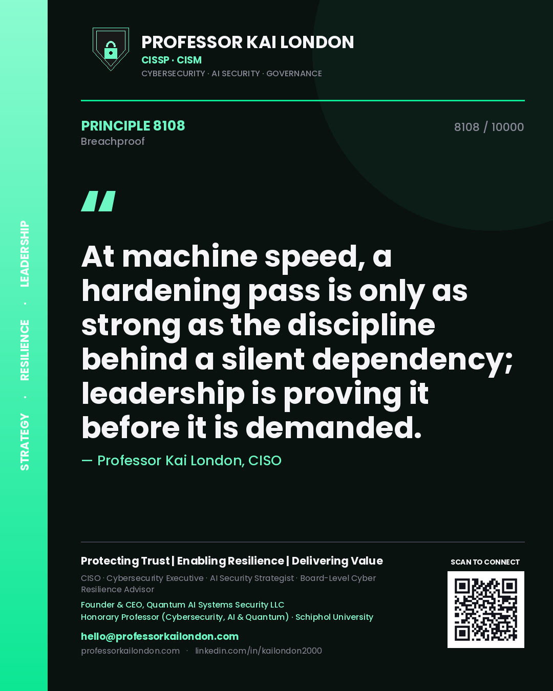 Quote card by Professor Kai London reading 'At machine speed, a hardening pass is only as strong as the discipline behind a silent dependency; leadership is proving it before it is demanded.'. From the book Breachproof.