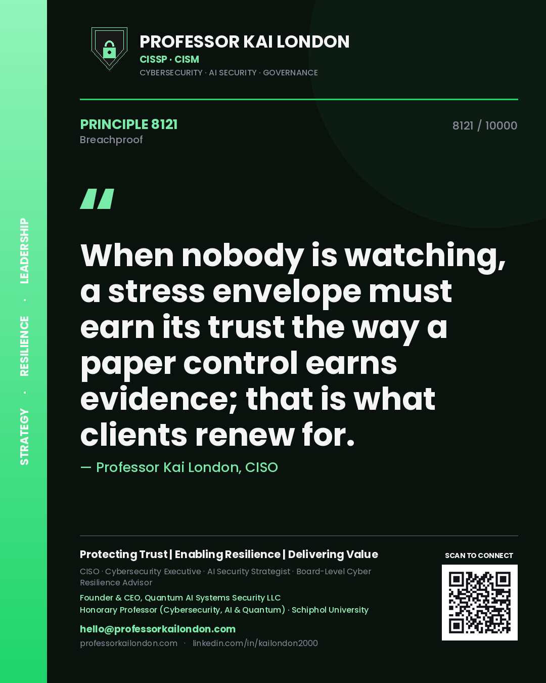 Quote card by Professor Kai London reading 'When nobody is watching, a stress envelope must earn its trust the way a paper control earns evidence; that is what clients renew for.'. From the book Breachproof.