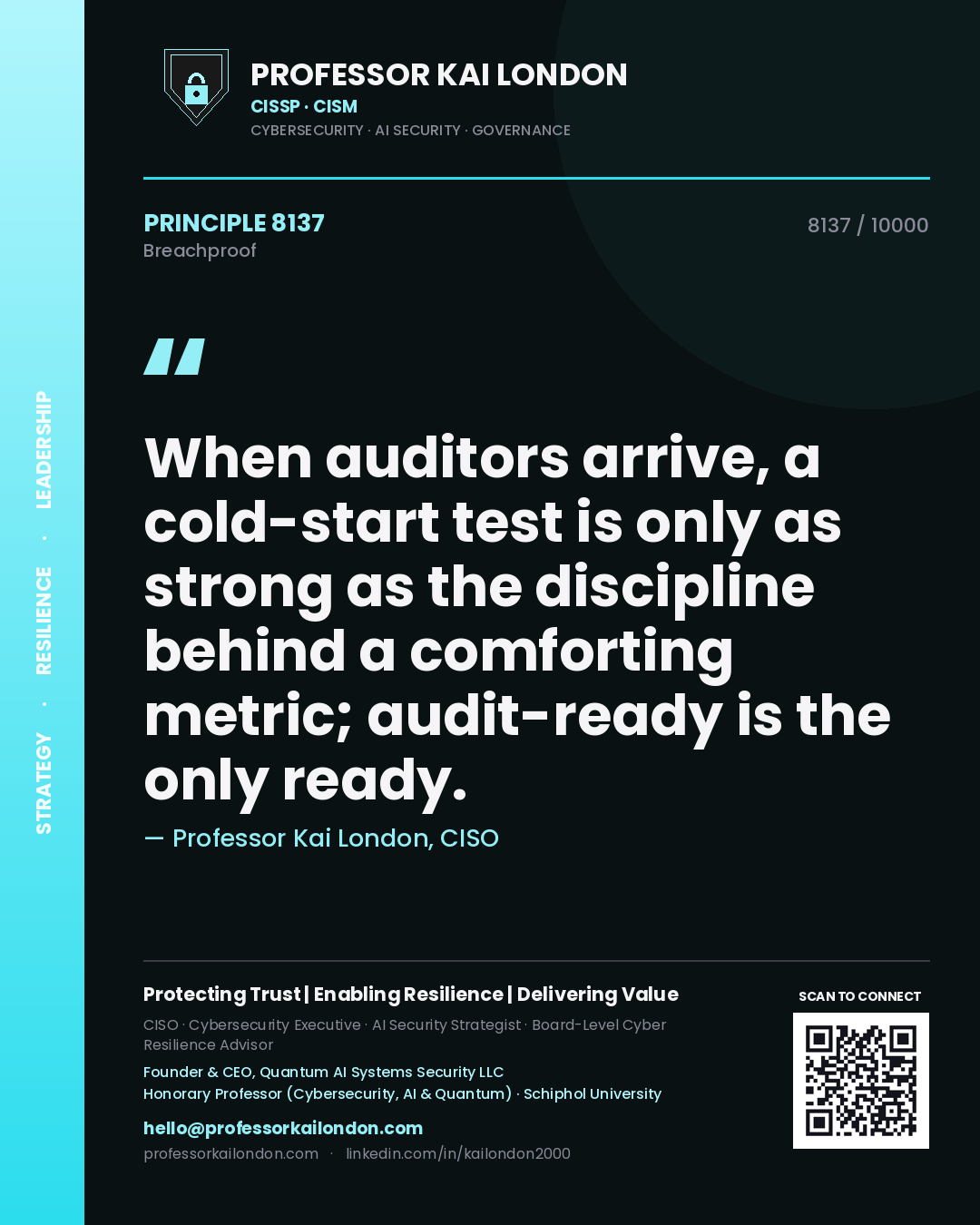 Quote card by Professor Kai London reading 'When auditors arrive, a cold-start test is only as strong as the discipline behind a comforting metric; audit-ready is the only ready.'. From the book Breachproof.