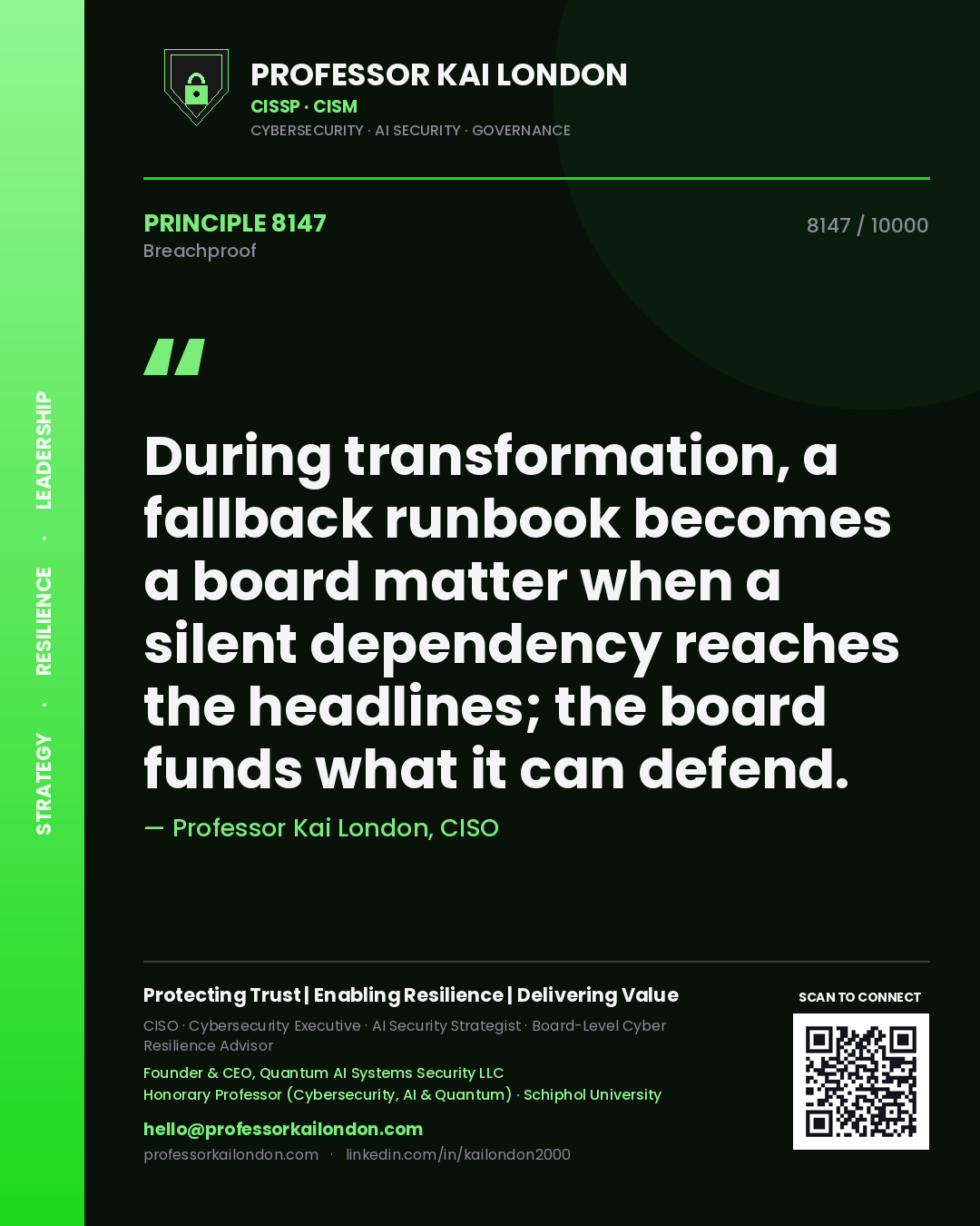 Quote card by Professor Kai London reading 'During transformation, a fallback runbook becomes a board matter when a silent dependency reaches the headlines; the board funds what it can defend.'. From the book Breachproof.