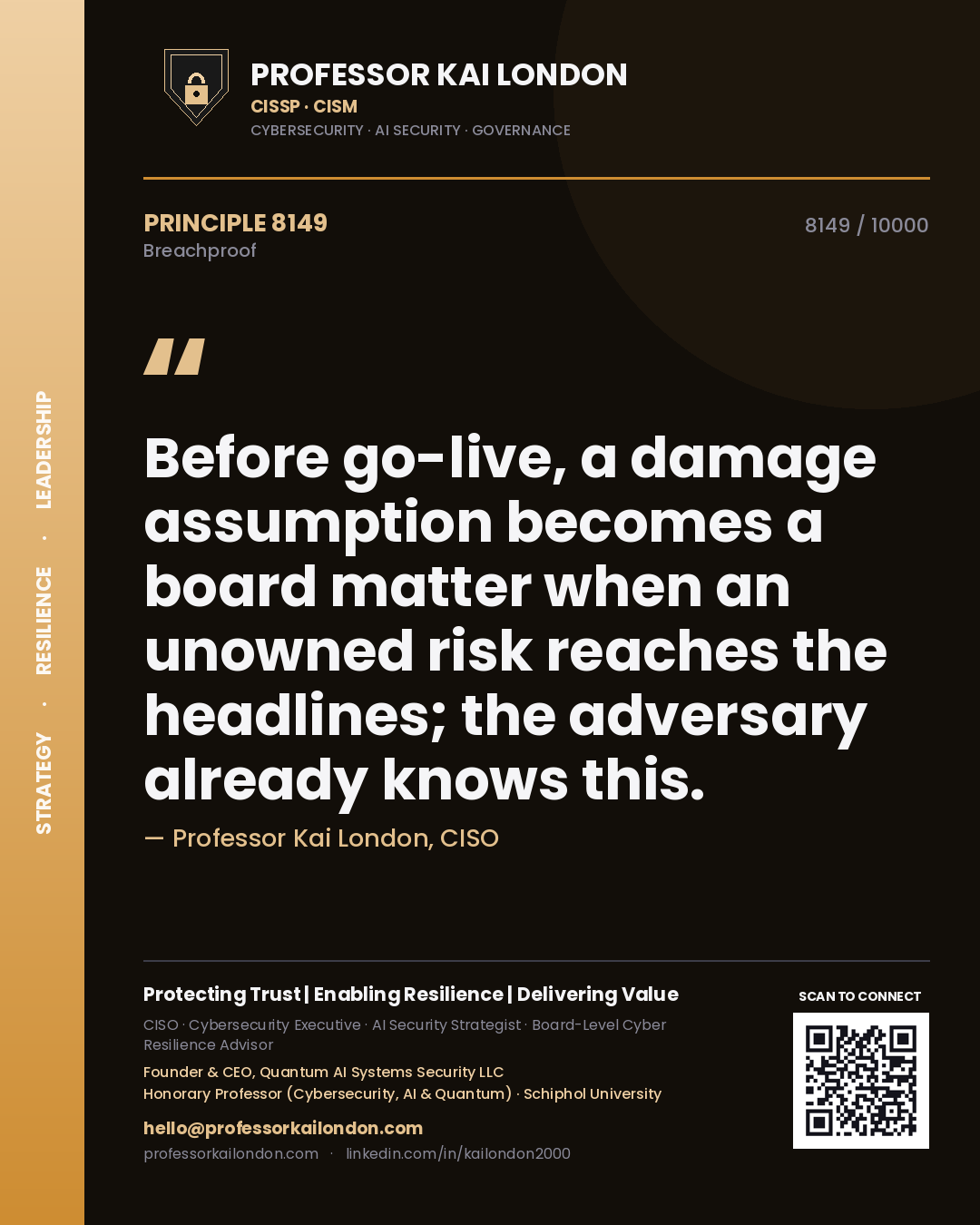 Quote card by Professor Kai London reading 'Before go-live, a damage assumption becomes a board matter when an unowned risk reaches the headlines; the adversary already knows this.'. From the book Breachproof.