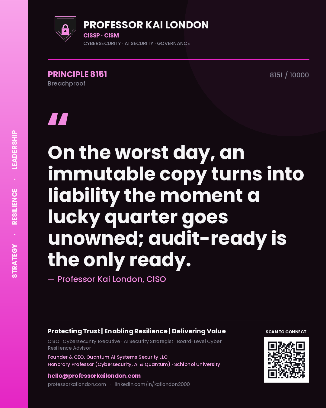 Quote card by Professor Kai London reading 'On the worst day, an immutable copy turns into liability the moment a lucky quarter goes unowned; audit-ready is the only ready.'. From the book Breachproof.