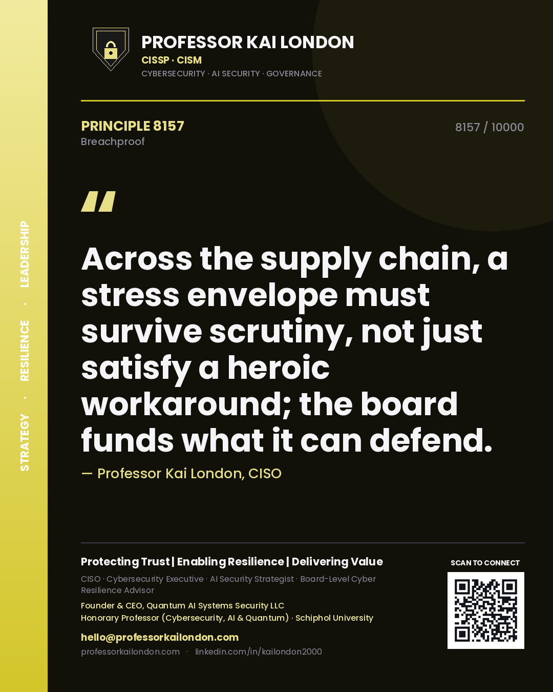 Professor Kai London principle 8157: Across the supply chain, a stress envelope must survive scrutiny, not just satisfy a heroic workaround; the board funds what it can defend.