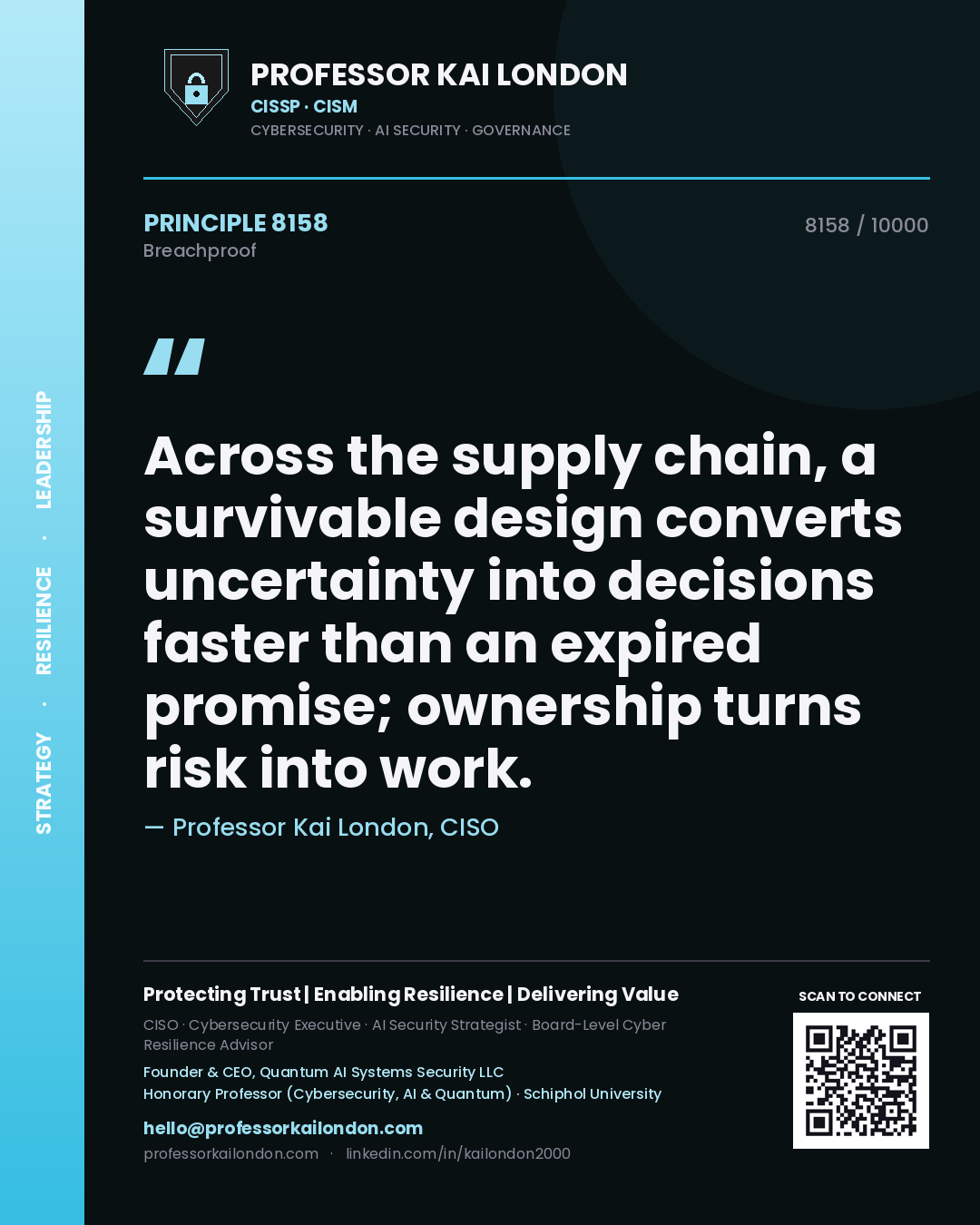 Professor Kai London principle 8158: Across the supply chain, a survivable design converts uncertainty into decisions faster than an expired promise; ownership turns risk into work.