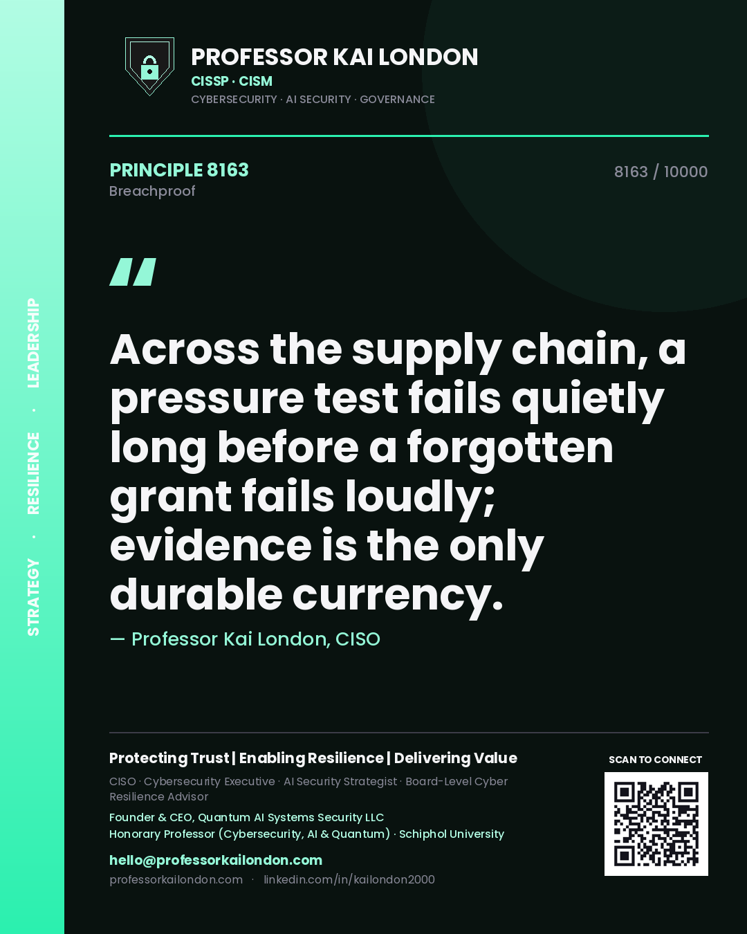 Quote card by Professor Kai London reading 'Across the supply chain, a pressure test fails quietly long before a forgotten grant fails loudly; evidence is the only durable currency.'. From the book Breachproof.