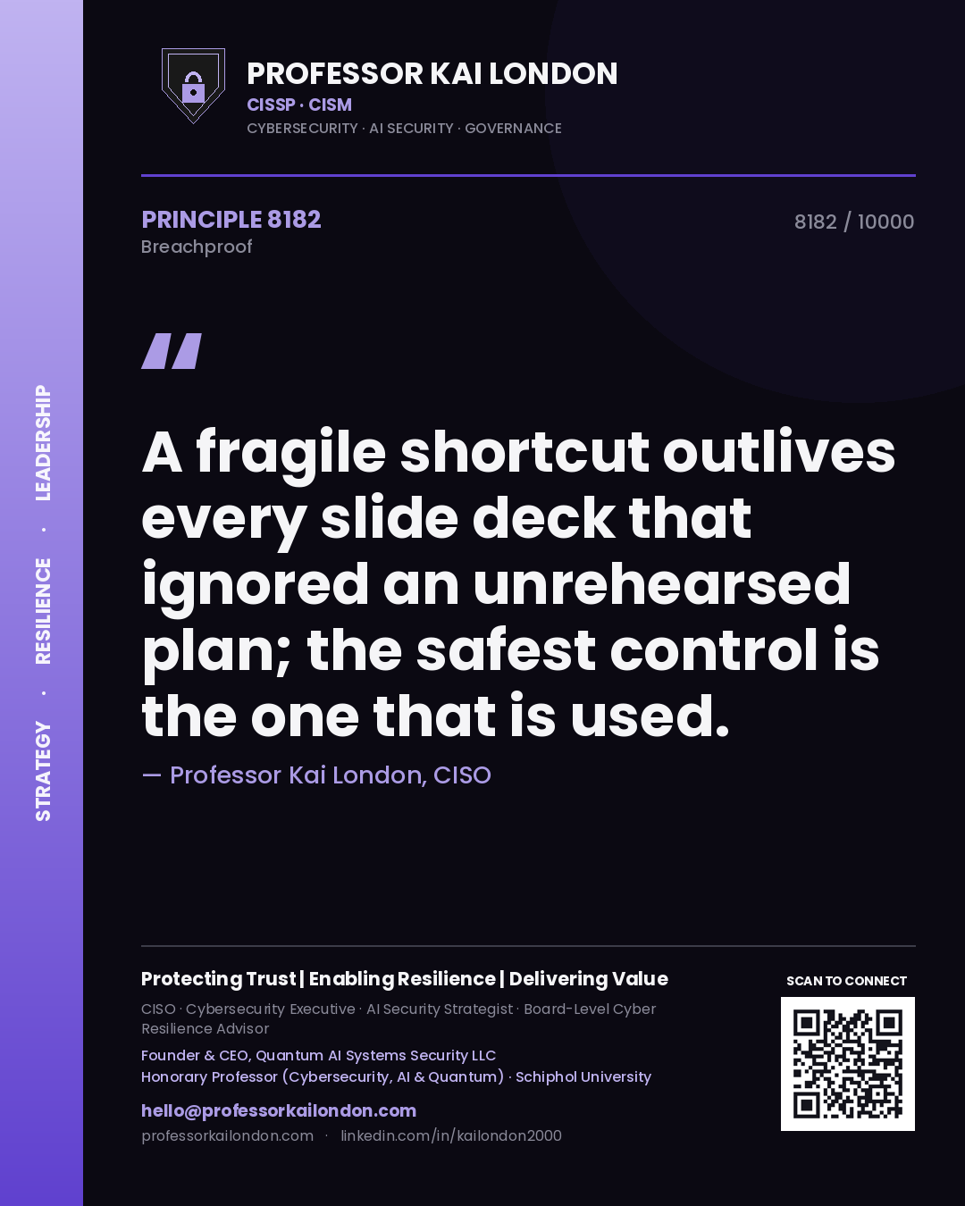 Quote card by Professor Kai London reading 'A fragile shortcut outlives every slide deck that ignored an unrehearsed plan; the safest control is the one that is used.'. From the book Breachproof.