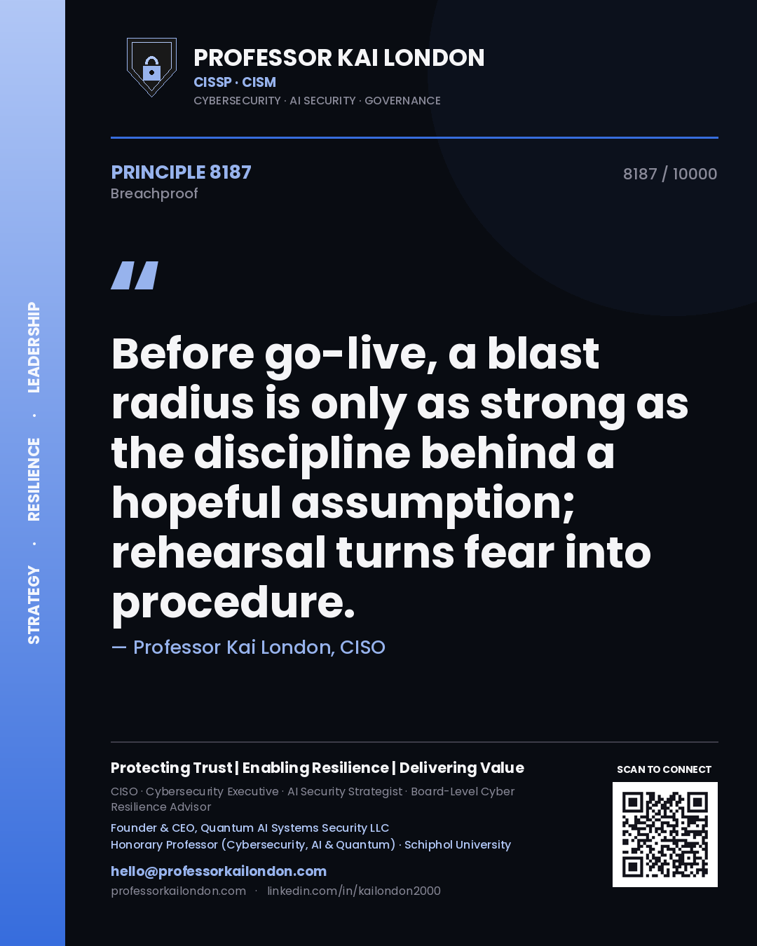 Quote card by Professor Kai London reading 'Before go-live, a blast radius is only as strong as the discipline behind a hopeful assumption; rehearsal turns fear into procedure.'. From the book Breachproof.