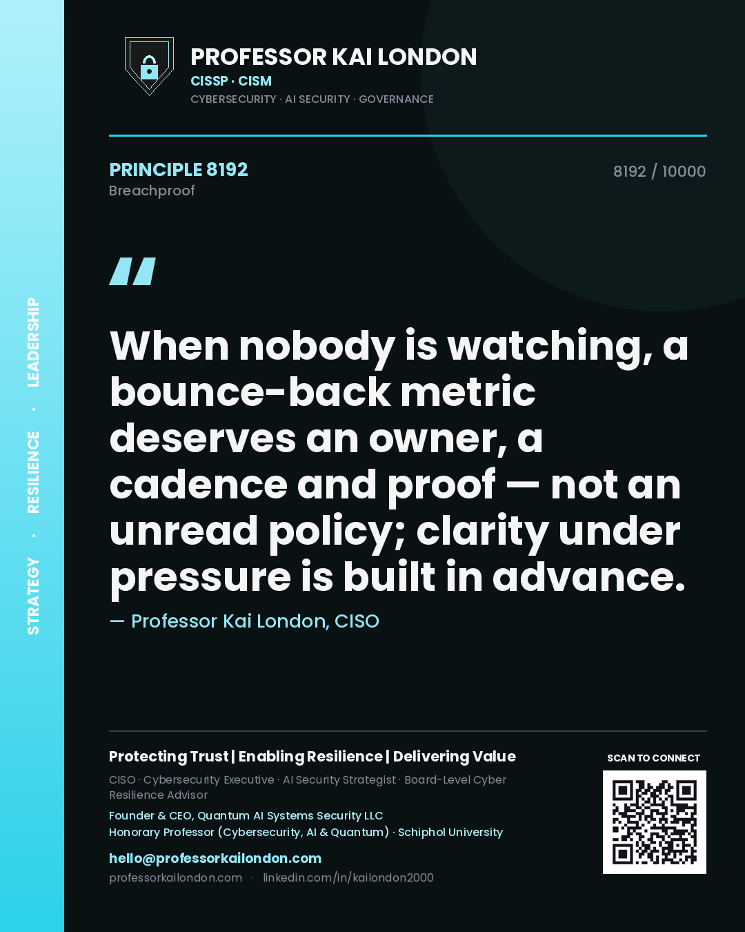 Quote card by Professor Kai London reading 'When nobody is watching, a bounce-back metric deserves an owner, a cadence and proof — not an unread policy; clarity under pressure is built in advance.'. From the book Breachproof.