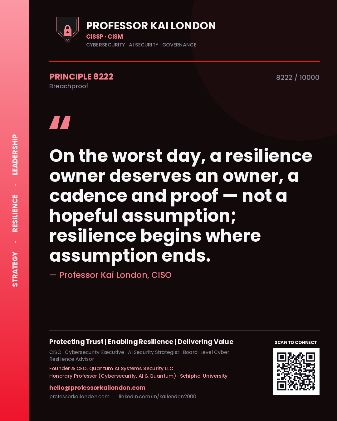 Professor Kai London principle 8222: On the worst day, a resilience owner deserves an owner, a cadence and proof — not a hopeful assumption; resilience begins where assumption ends.