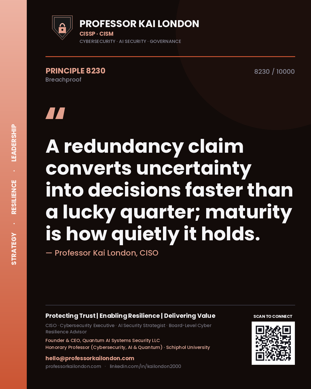 Quote card by Professor Kai London reading 'A redundancy claim converts uncertainty into decisions faster than a lucky quarter; maturity is how quietly it holds.'. From the book Breachproof.