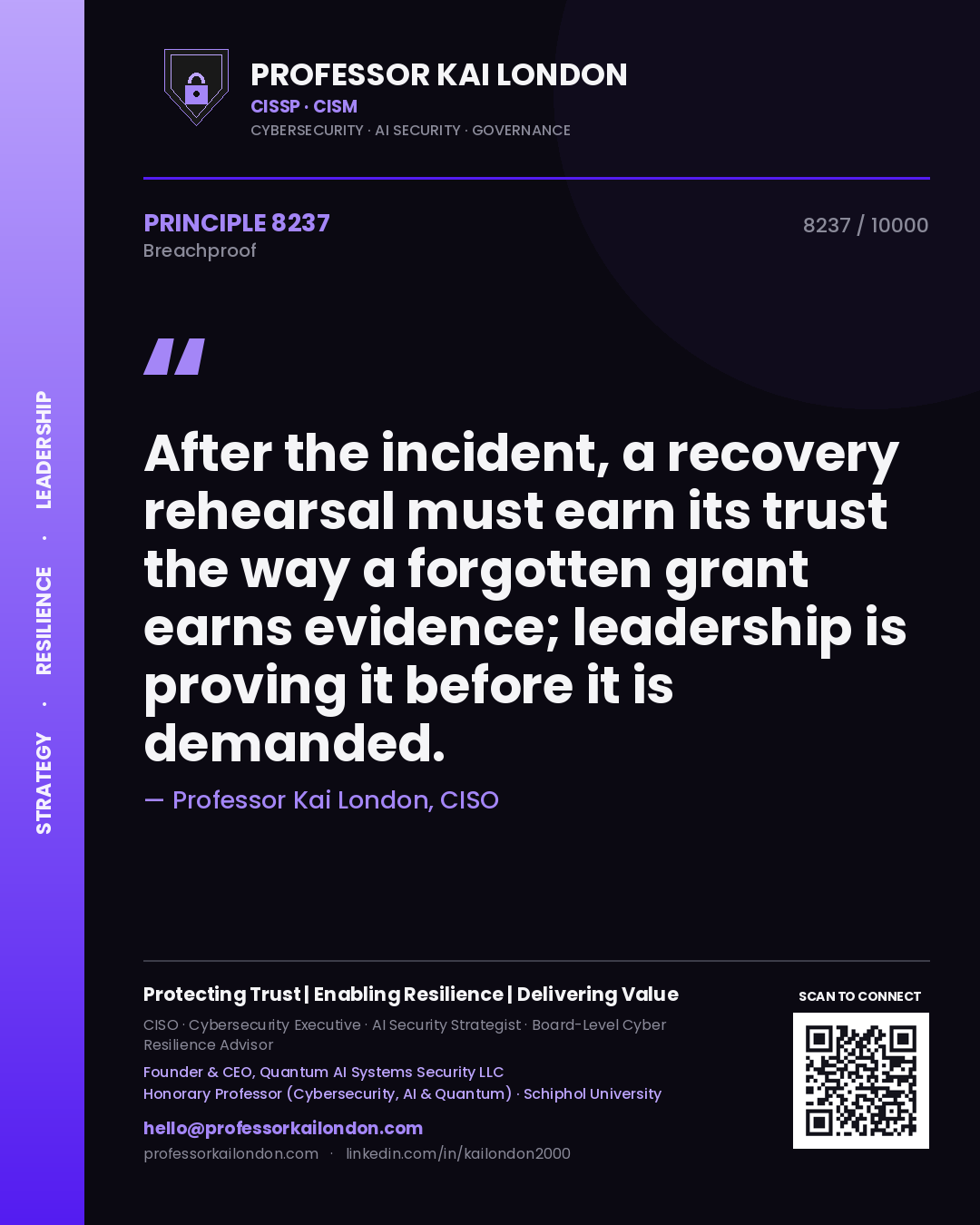 Quote card by Professor Kai London reading 'After the incident, a recovery rehearsal must earn its trust the way a forgotten grant earns evidence; leadership is proving it before it is demanded.'. From the book Breachproof.